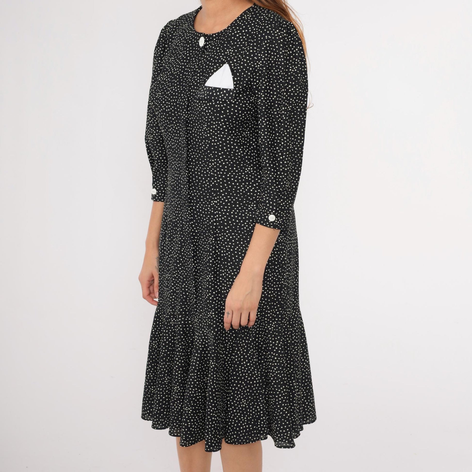 80s Black White Polka Dot Midi Dress Puff Sleeve Shift Ruffle Hem Medium