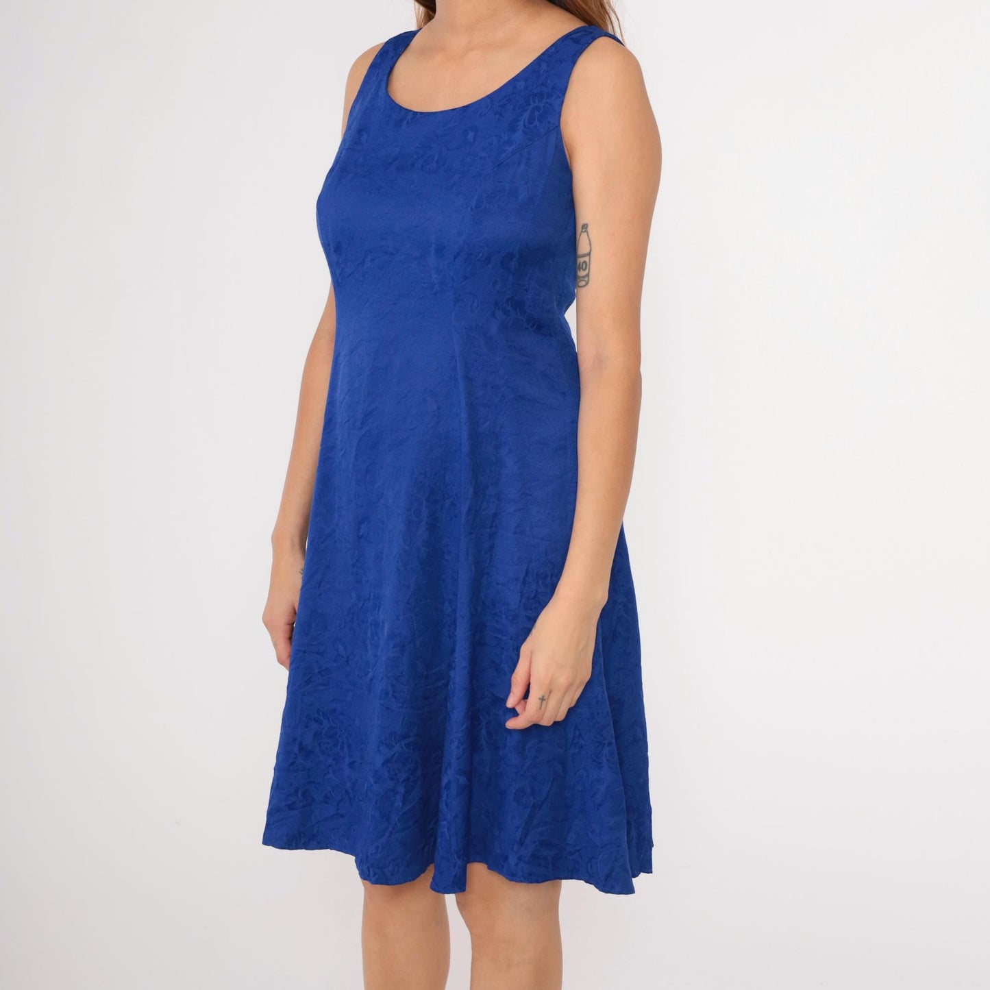 90s Karin Stevens Royal Blue Floral Jacquard Mini Dress Sleeveless Medium