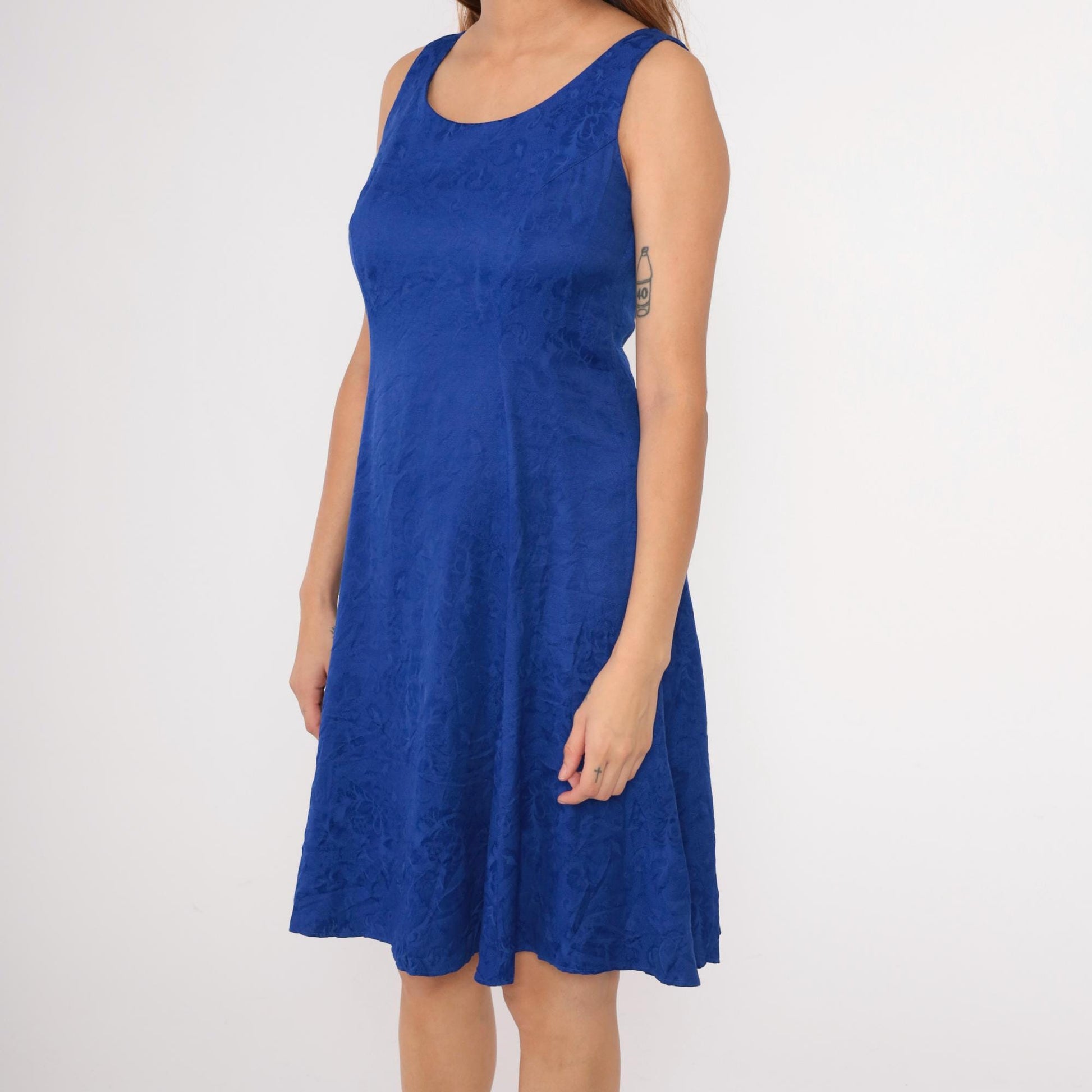 90s Karin Stevens Royal Blue Floral Jacquard Mini Dress Sleeveless Medium