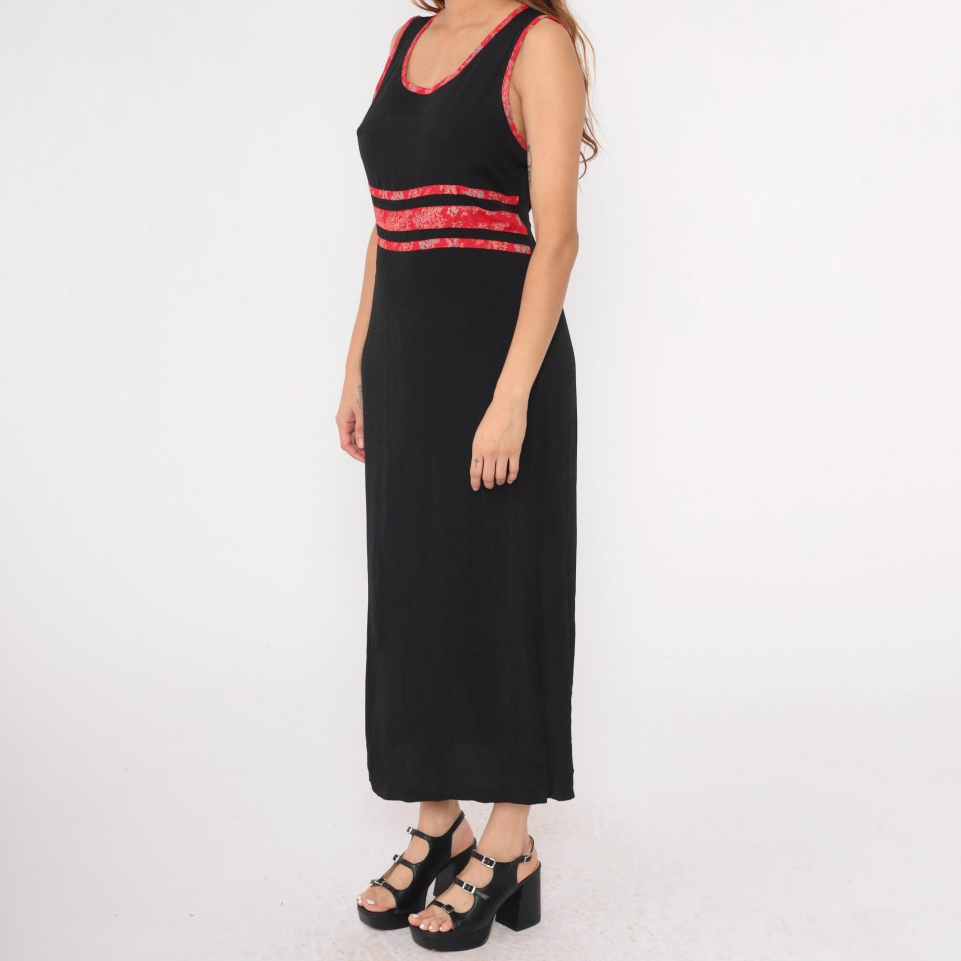 90s Black Maxi Dress Asian Jacquard Trim Sleeveless High Waist Medium