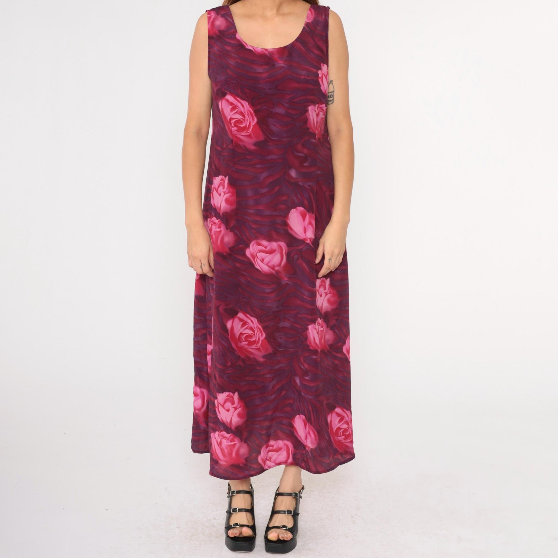 90s Floral Maxi Dress Pink Purple Rose Print Sleeveless Scoop Neck Medium Large