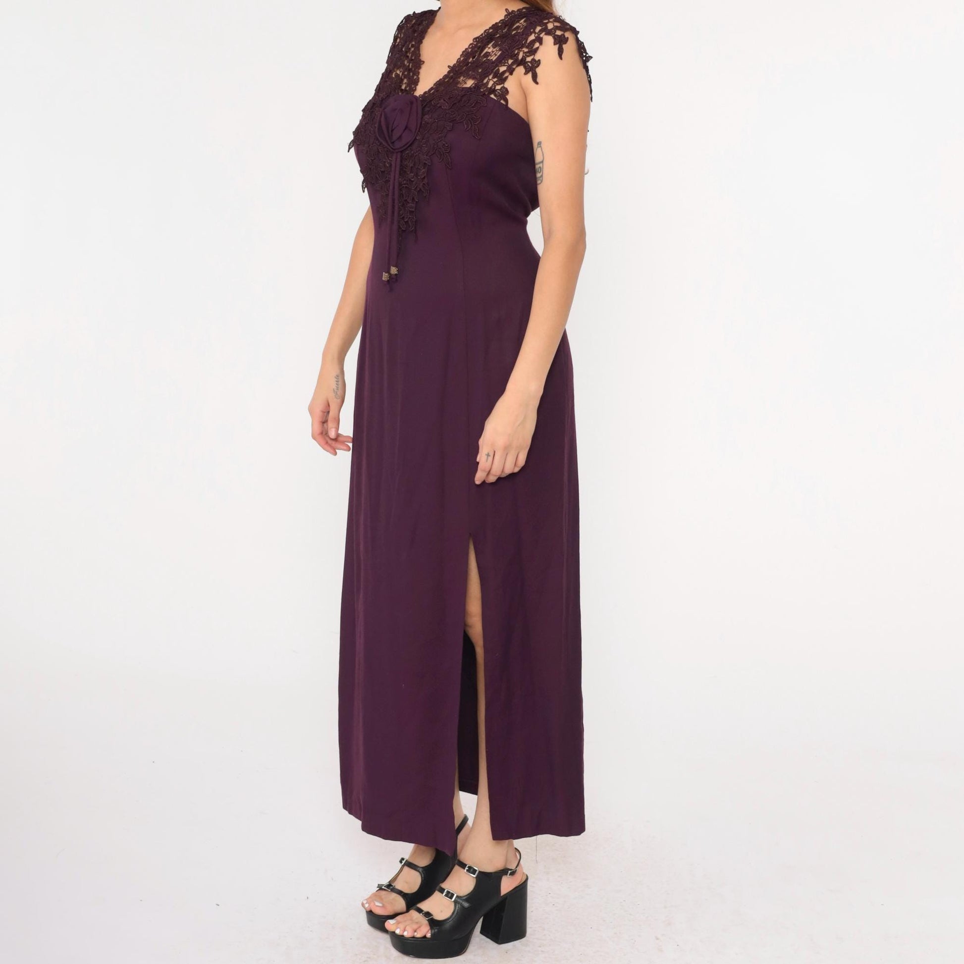 90s Purple Maxi Dress Lace Trim Rosette Sweetheart Spaghetti Strap Slit Medium