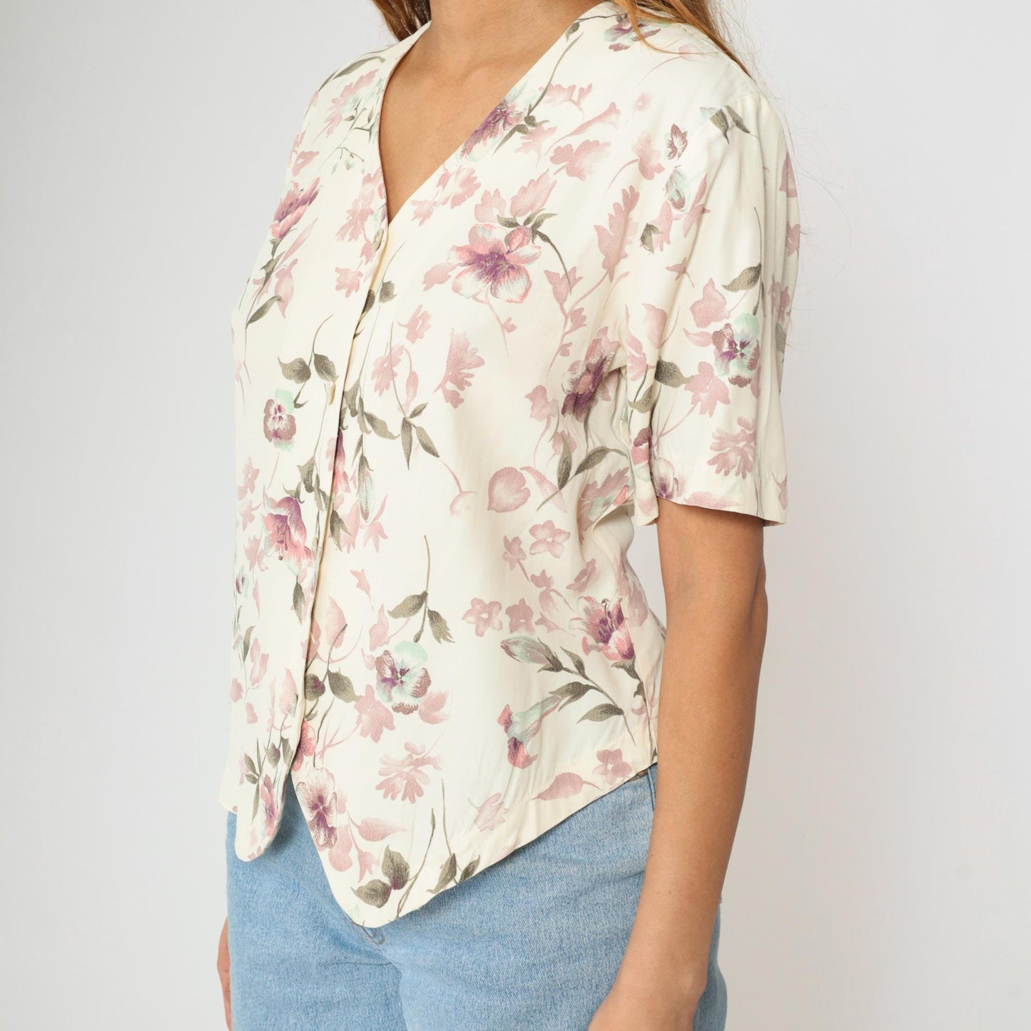 90s Lee David Floral Button Up Blouse Off-White Mauve Pink V-Neck Medium M