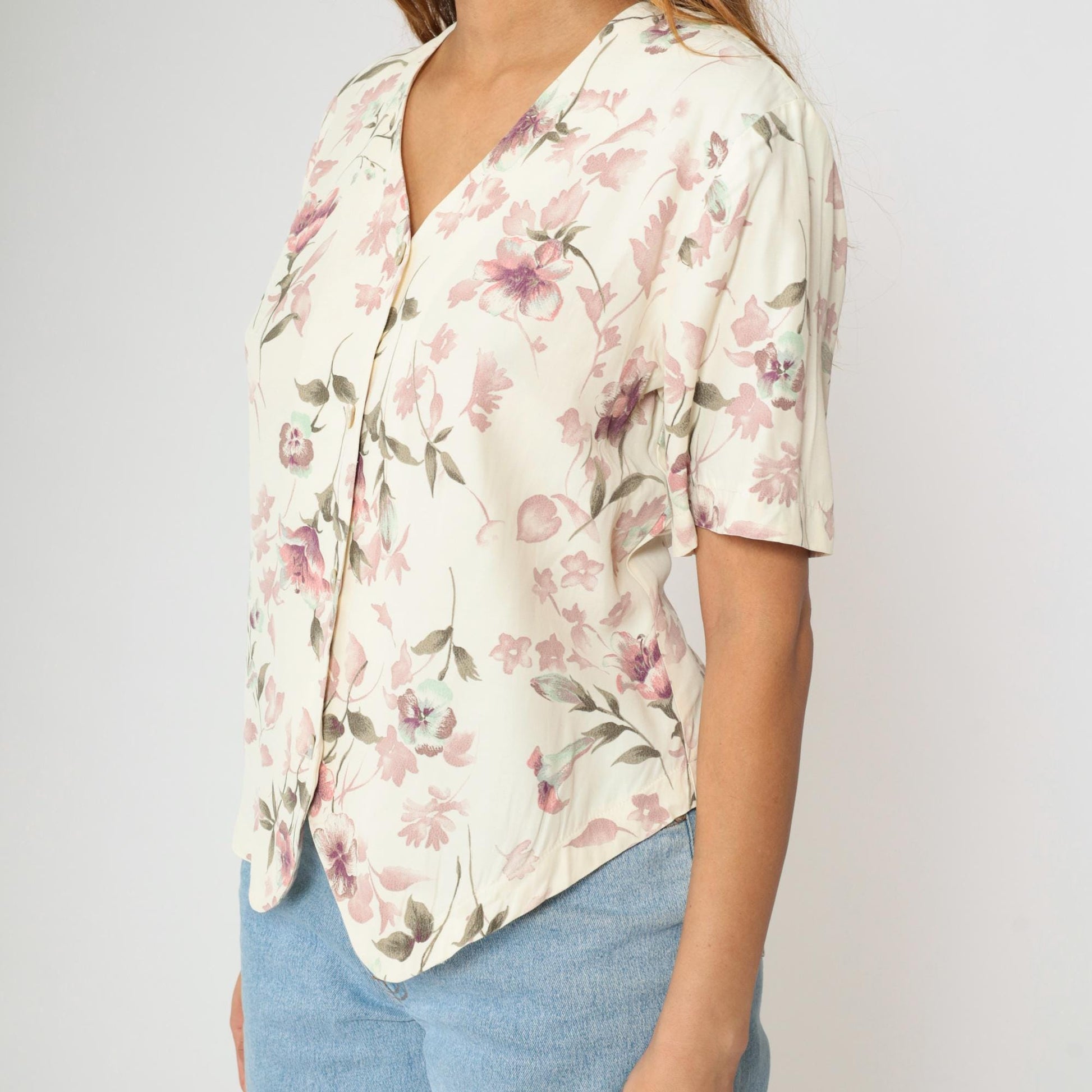 90s Lee David Floral Button Up Blouse Off-White Mauve Pink V-Neck Medium M