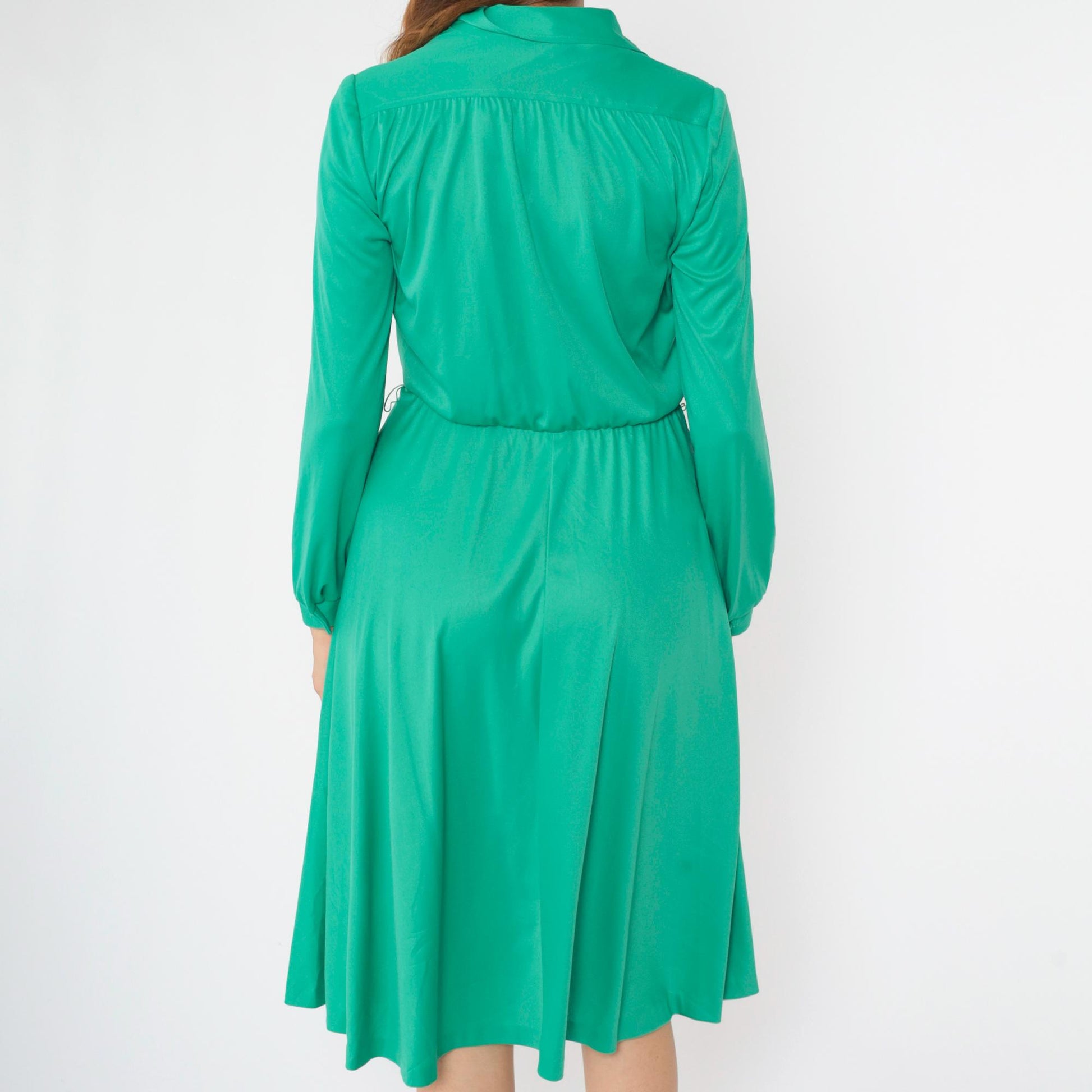 70s Green Midi Shirtdress Button-Up Collar High Waist Long Sleeve Small