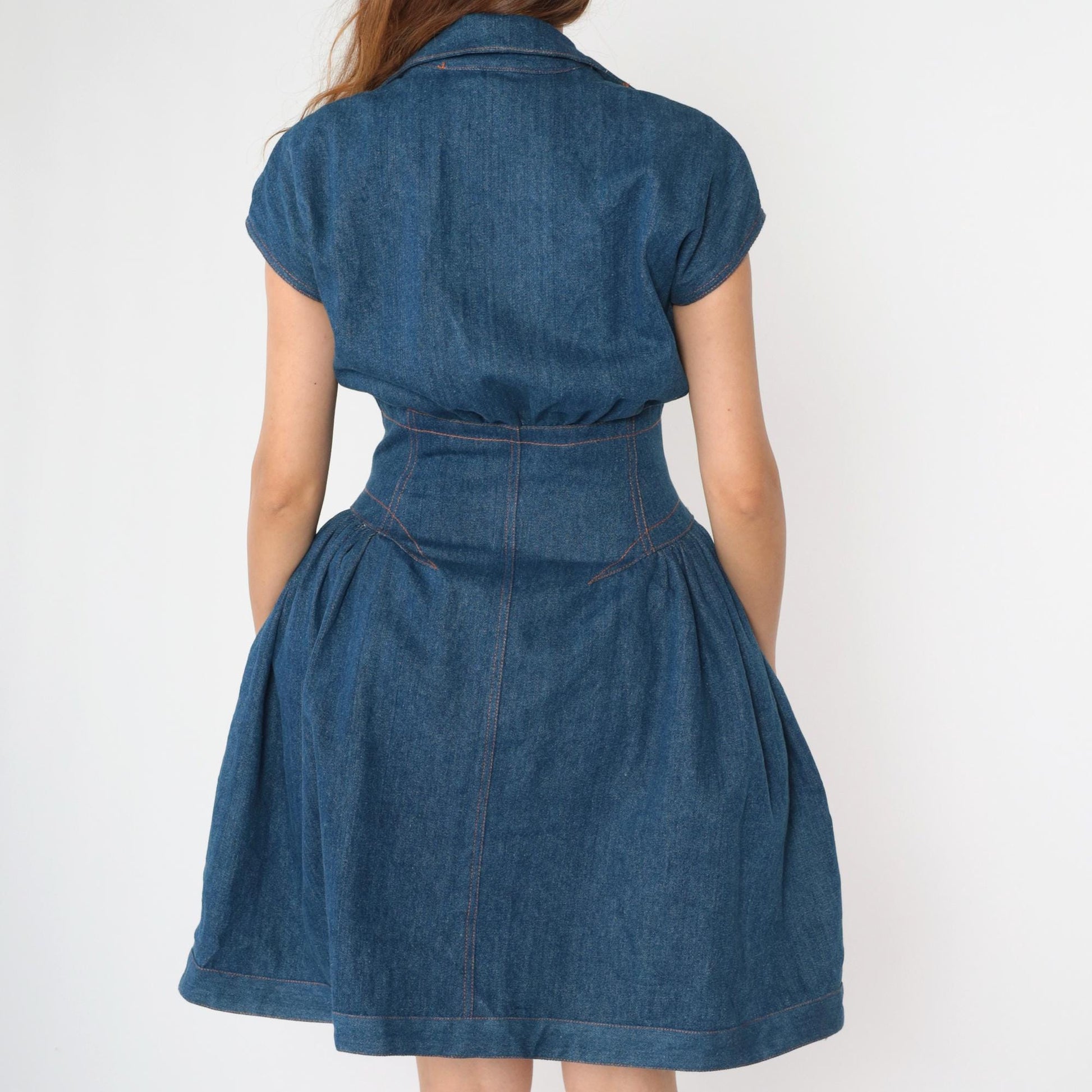 80s Denim Western Dress Snap Button Cap Sleeve Mini Blue Jean Small