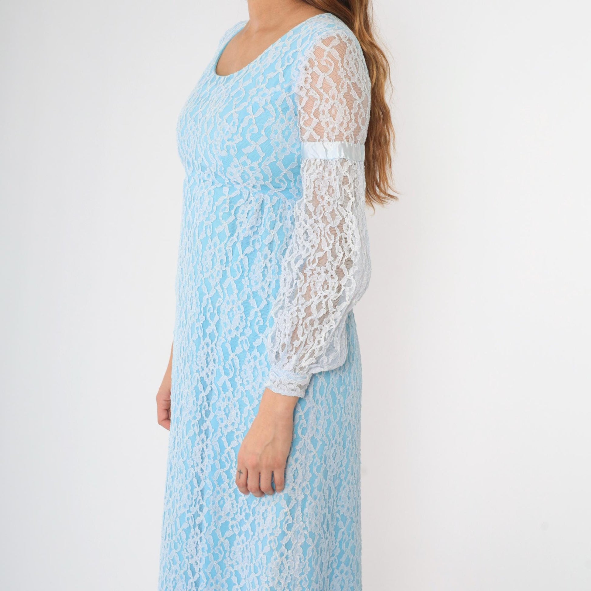 60s Light Blue Lace Maxi Dress Empire Waist Bishop Sleeve XS