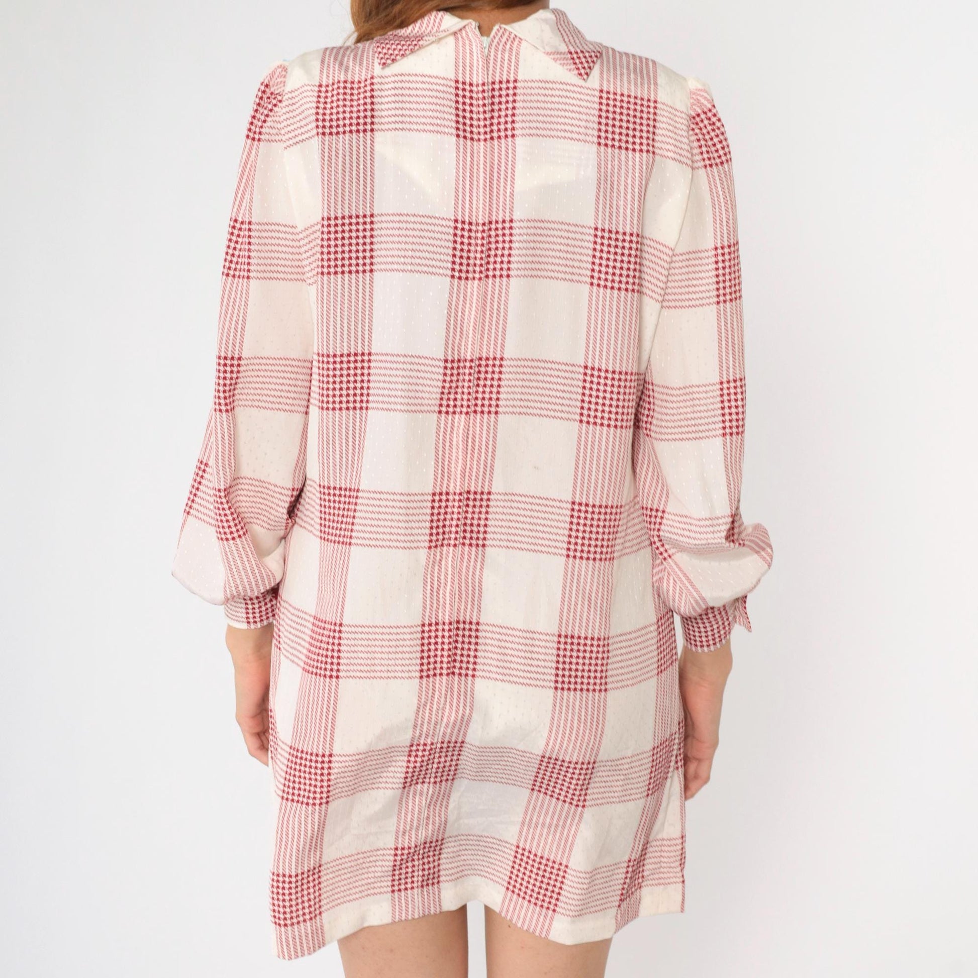 80s Red Houndstooth Mini Dress Tie-Neck Puff Sleeve Shift White Medium M
