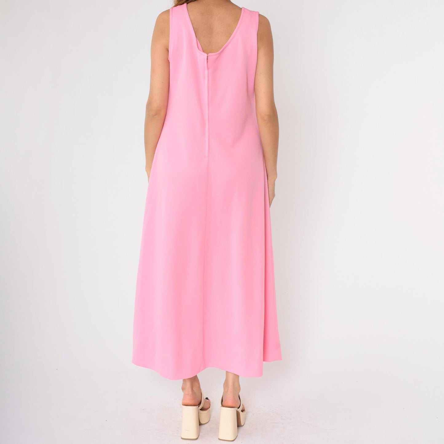 70s Pink Sleeveless Shift Maxi Dress Scoop Neck Ankle Length Large