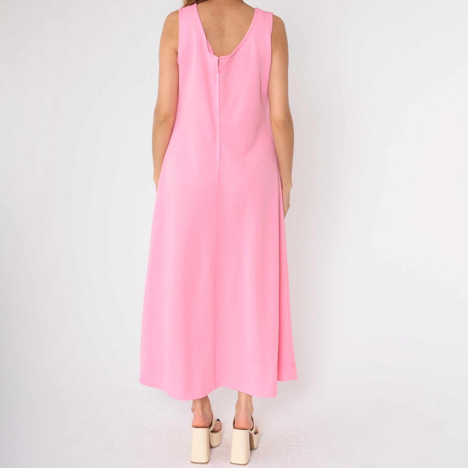 70s Pink Sleeveless Shift Maxi Dress Scoop Neck Ankle Length Large