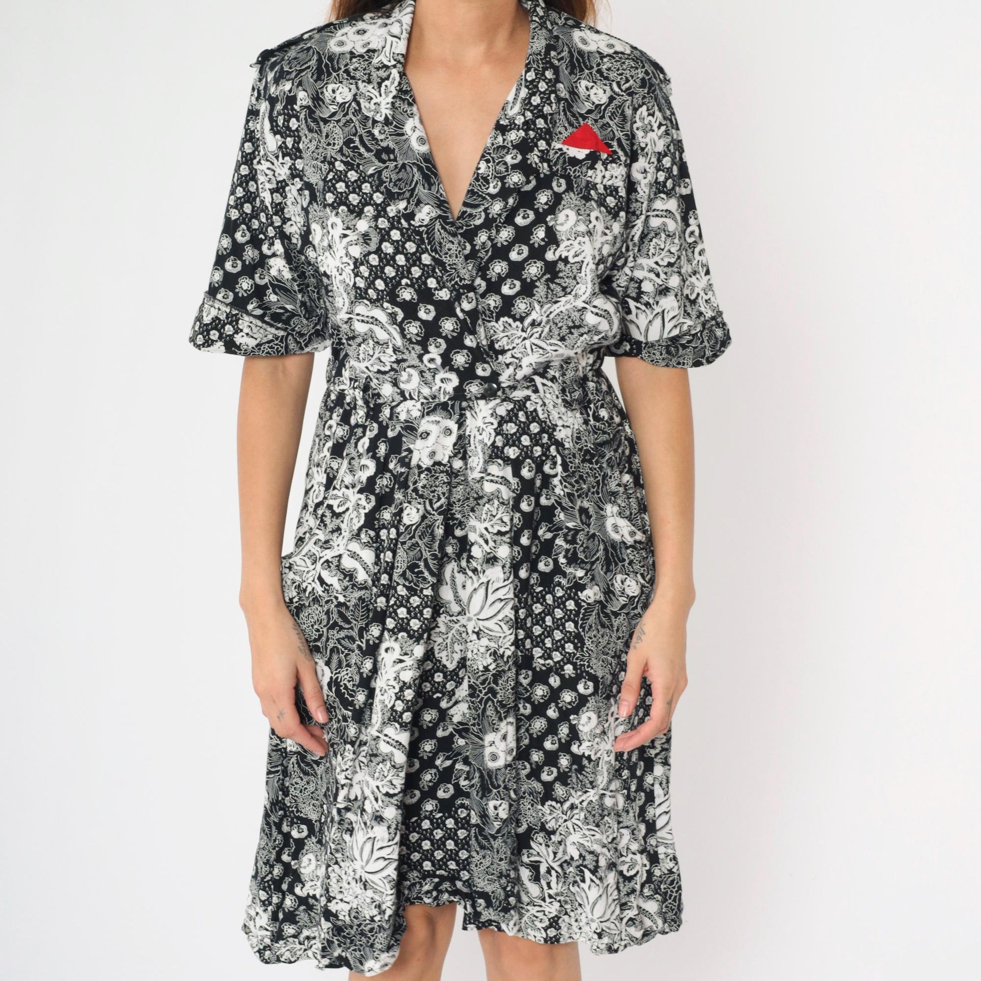 80s Jessica Ryan Black White Floral Midi Dress Faux Wrap Epaulettes Medium