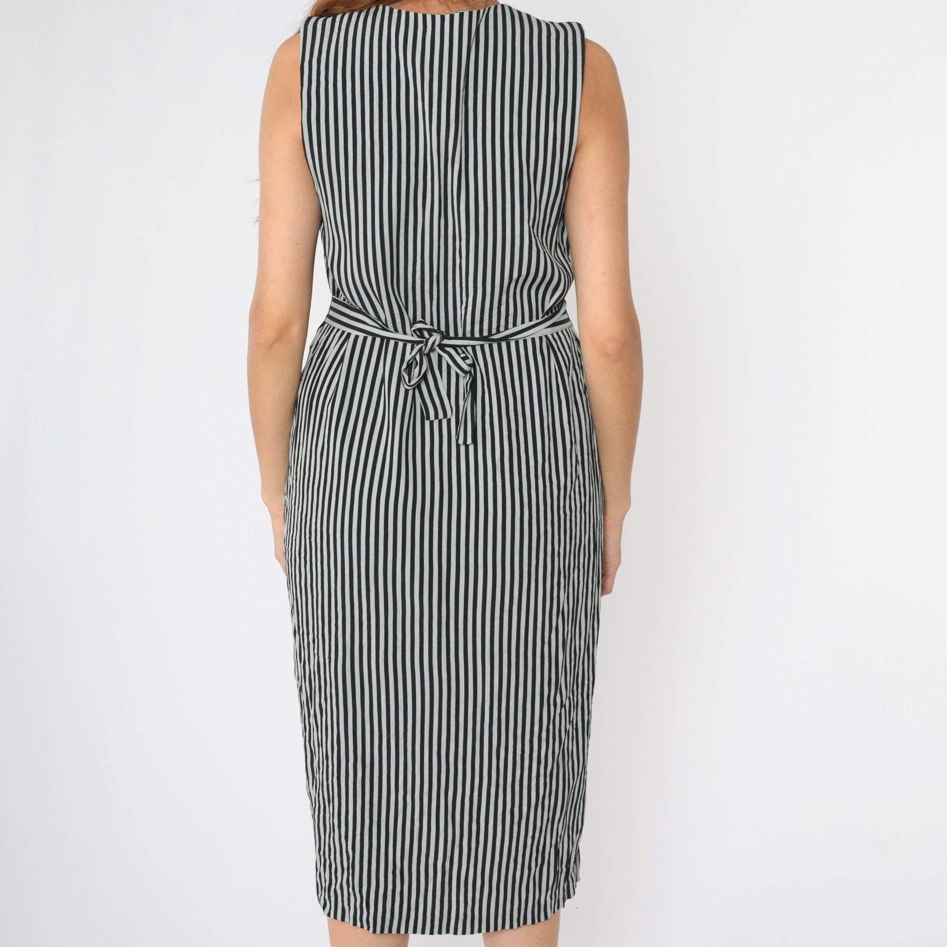 90s Striped Black Grey Sheath Midi Dress Sleeveless V-Neck Button-Up Medium 8