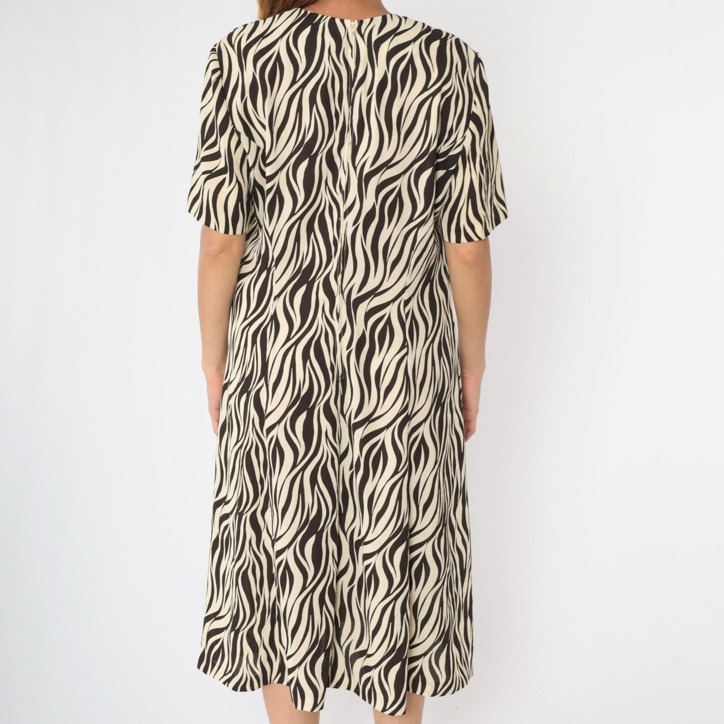 80s Leslie Fay Zebra Print Midi Shirtdress Brown Cream Double-Breasted Extra Large