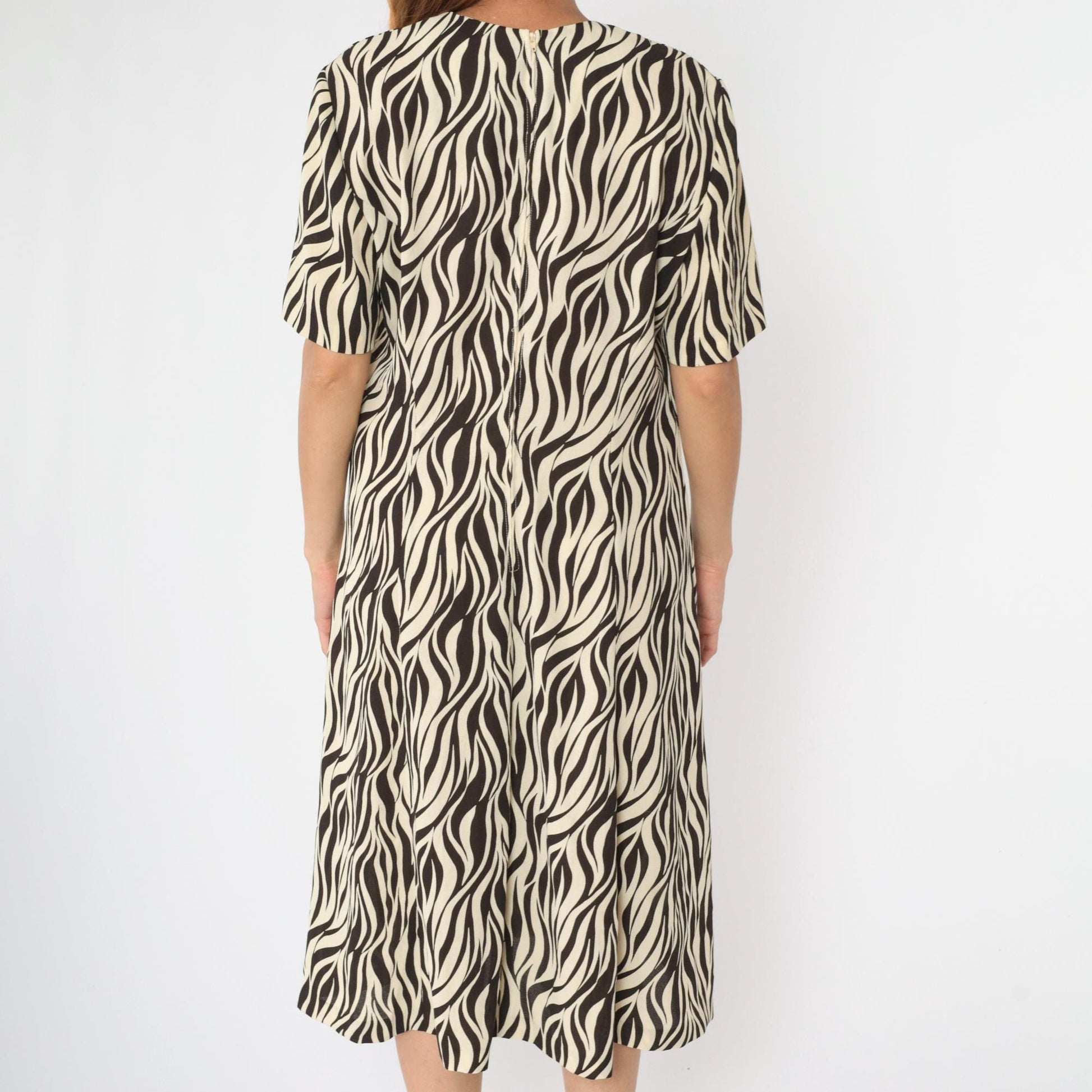 80s Leslie Fay Zebra Print Midi Shirtdress Brown Cream Double-Breasted Extra Large