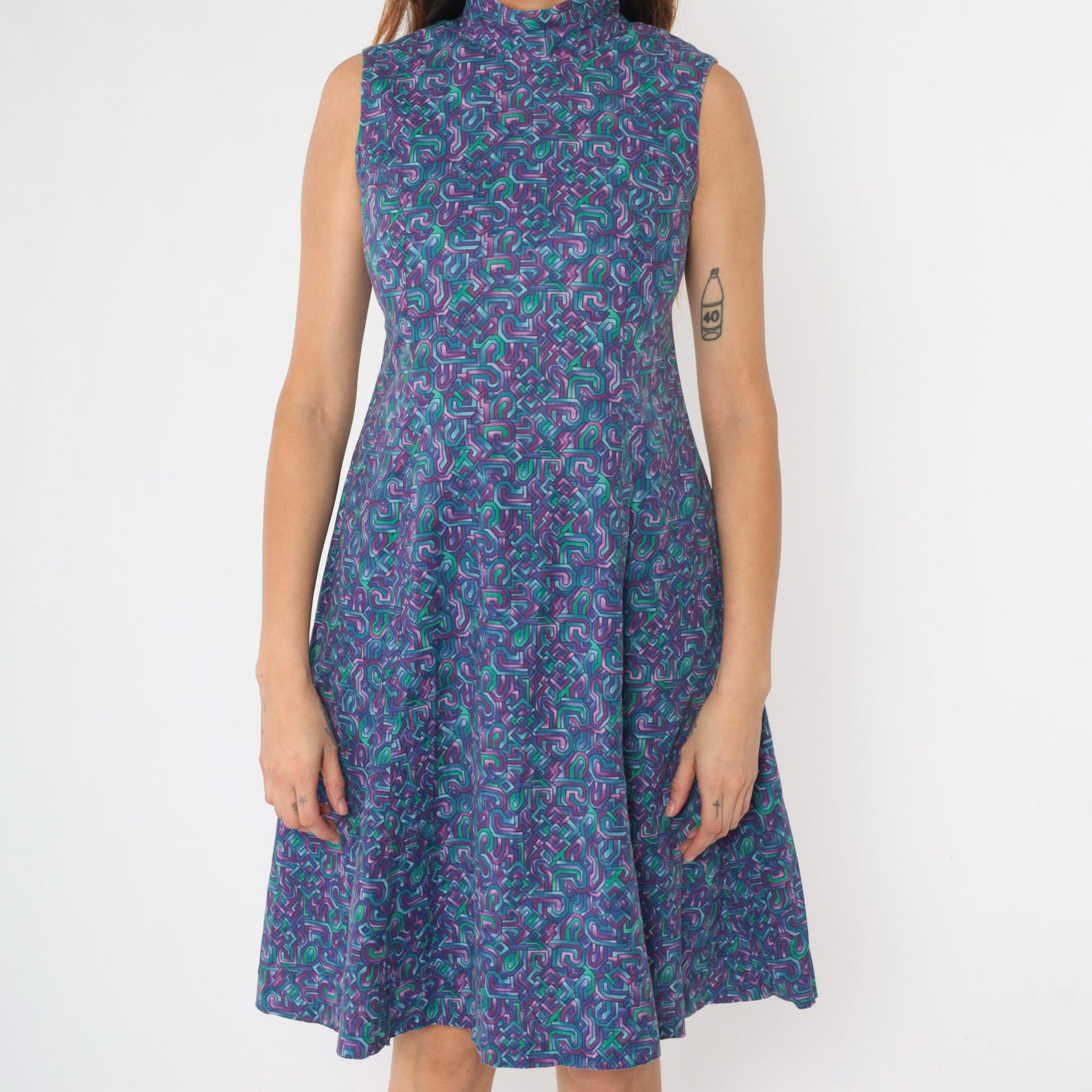 90s Purple Blue Green Abstract Geometric Mock Neck Midi Dress Small