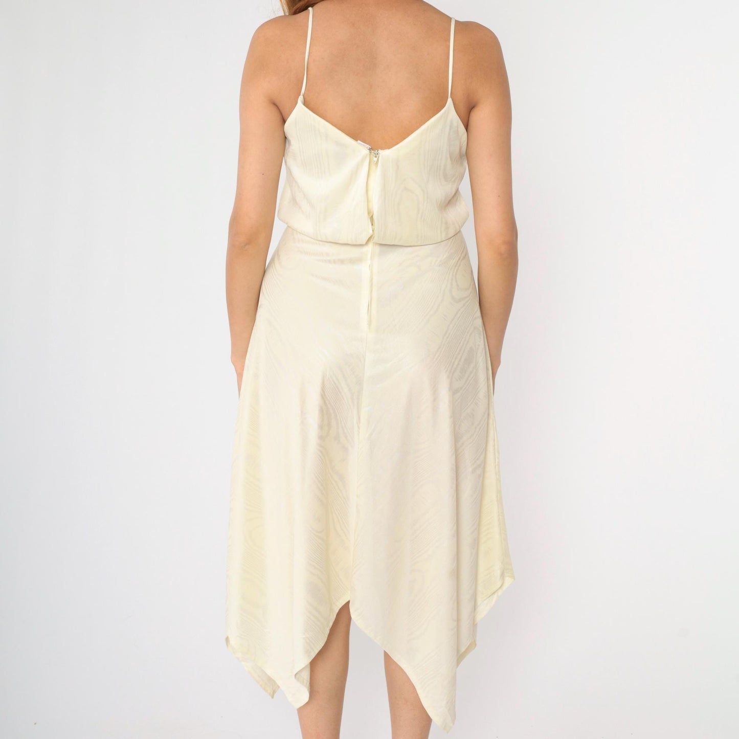 70s Cream Spaghetti Strap Midi Dress Hanky Hem High Waist Small
