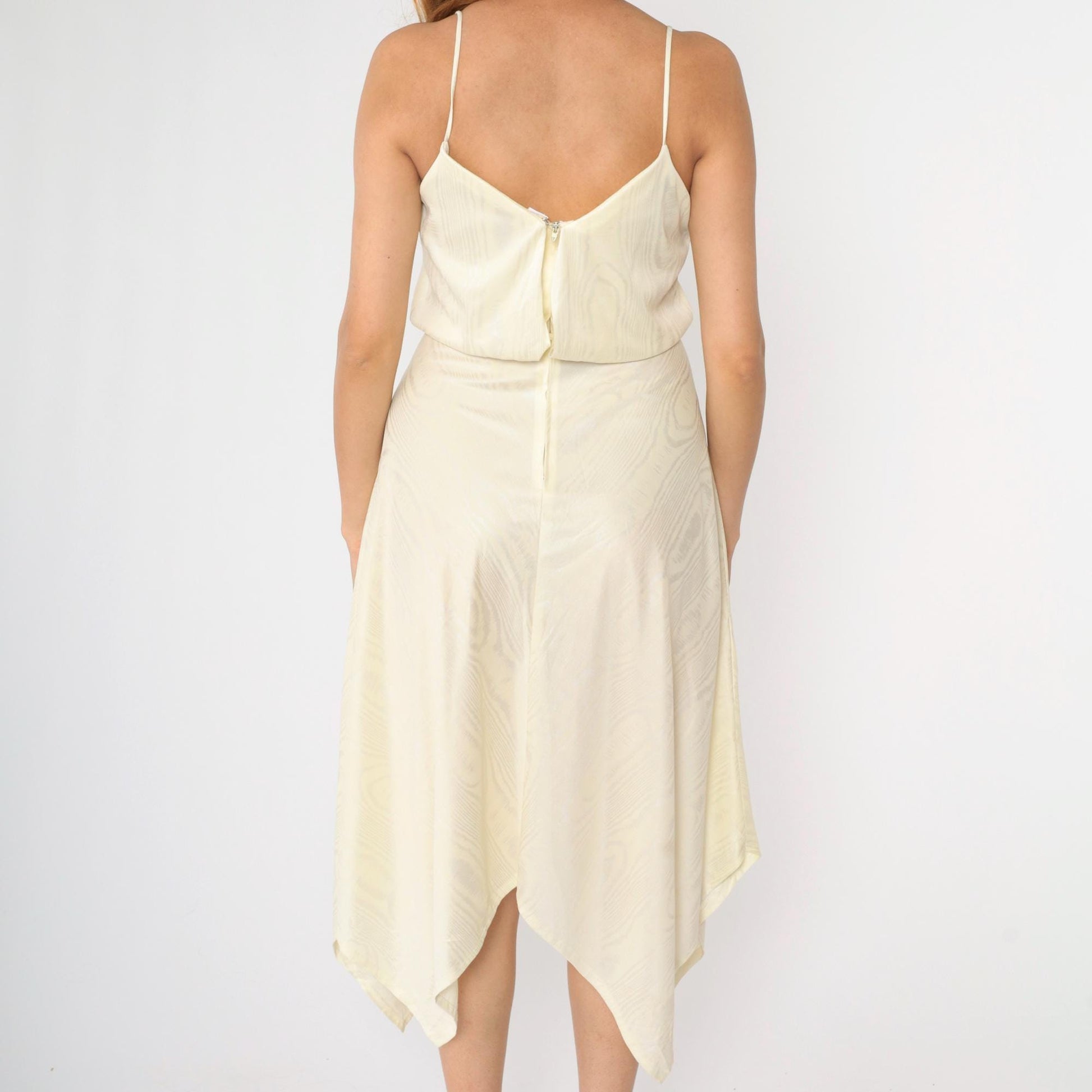 70s Cream Spaghetti Strap Midi Dress Hanky Hem High Waist Small