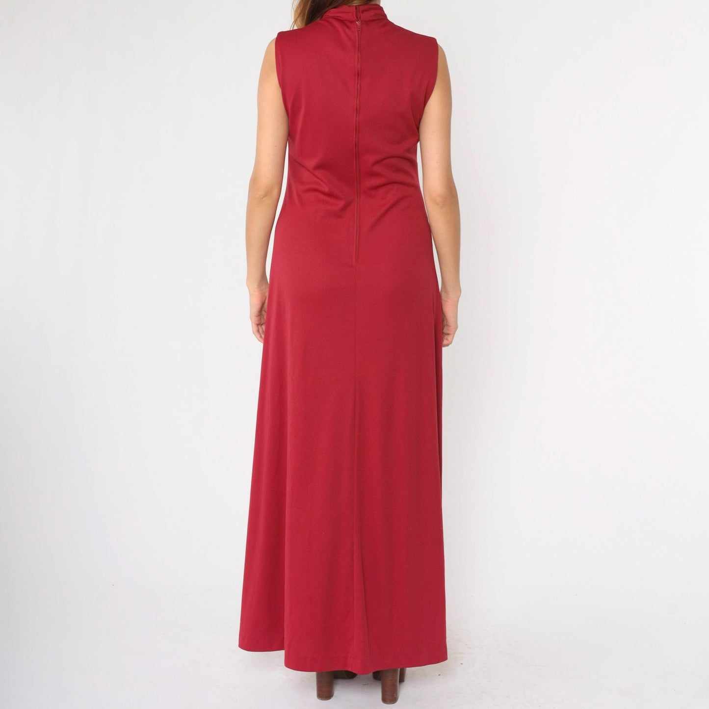 70s Raspberry Red Grecian V-Neck Maxi Dress Sleeveless Medium M
