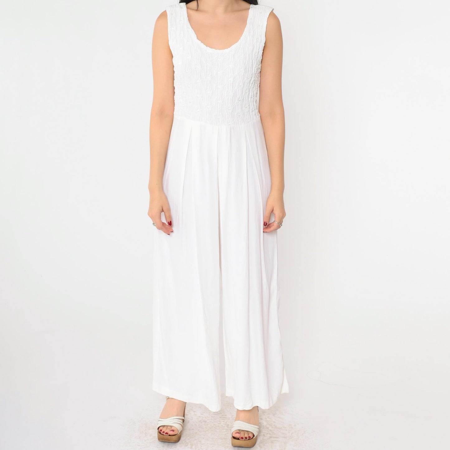 90s Express White Smocked Jumpsuit Sleeveless Wide Leg Scoop Neck Small