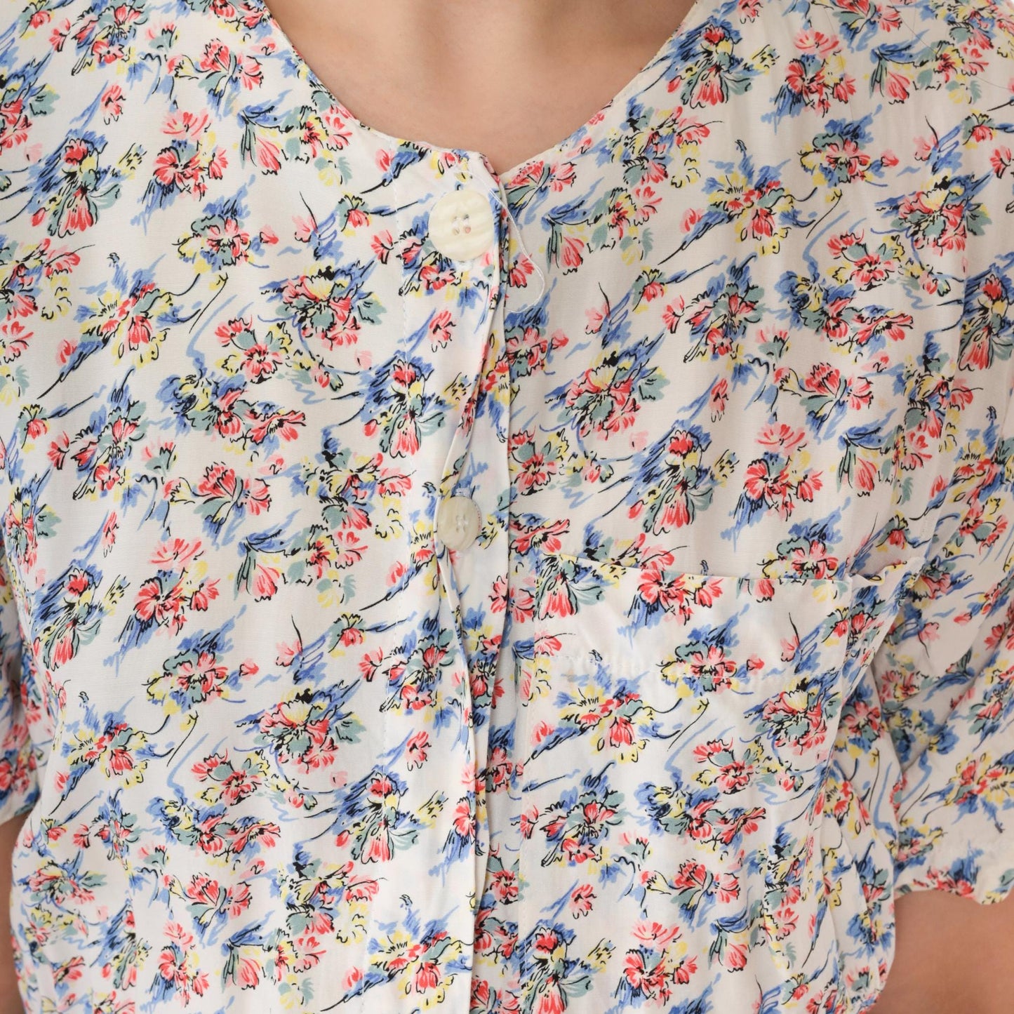 90s White Floral Print Button-Up Shirtdress Maxi Ankle Length Small