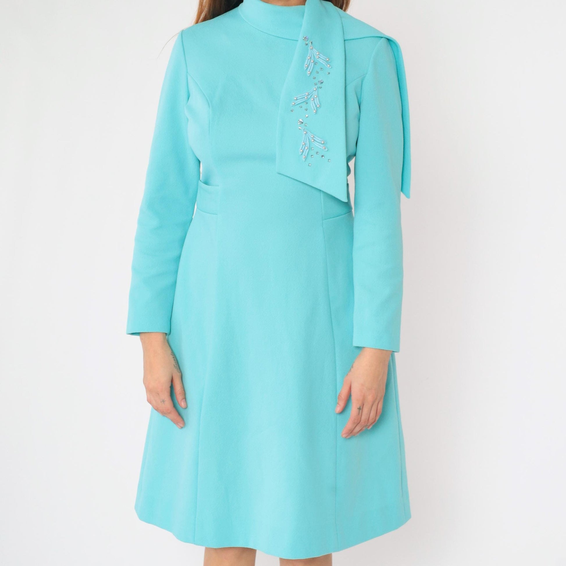 60s Alfred Werber Mod A-Line Dress Aqua Beaded Long Sleeve Midi Medium M