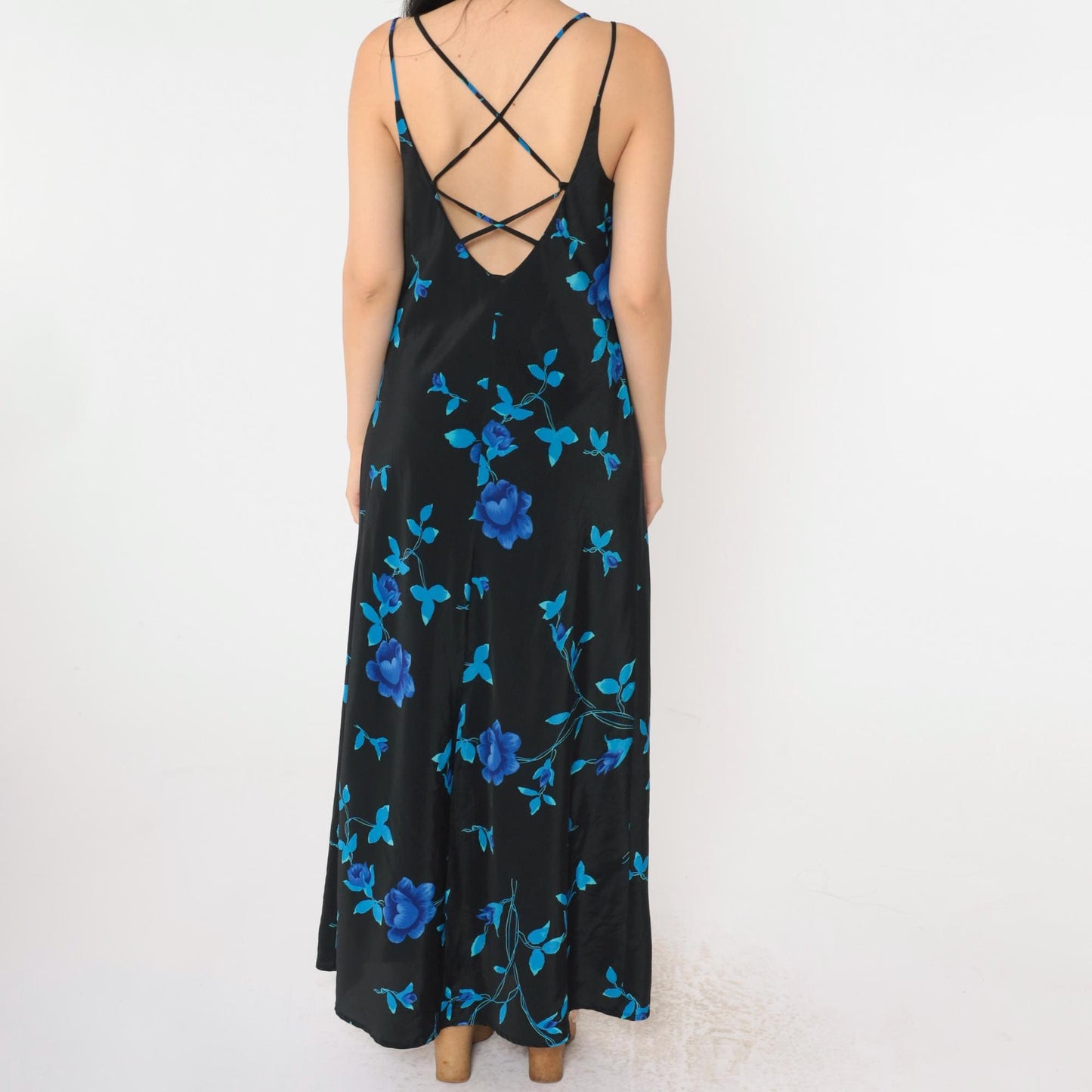 90s Jodi Michaels Floral Maxi Dress Black Spaghetti Strap Criss-Cross Medium