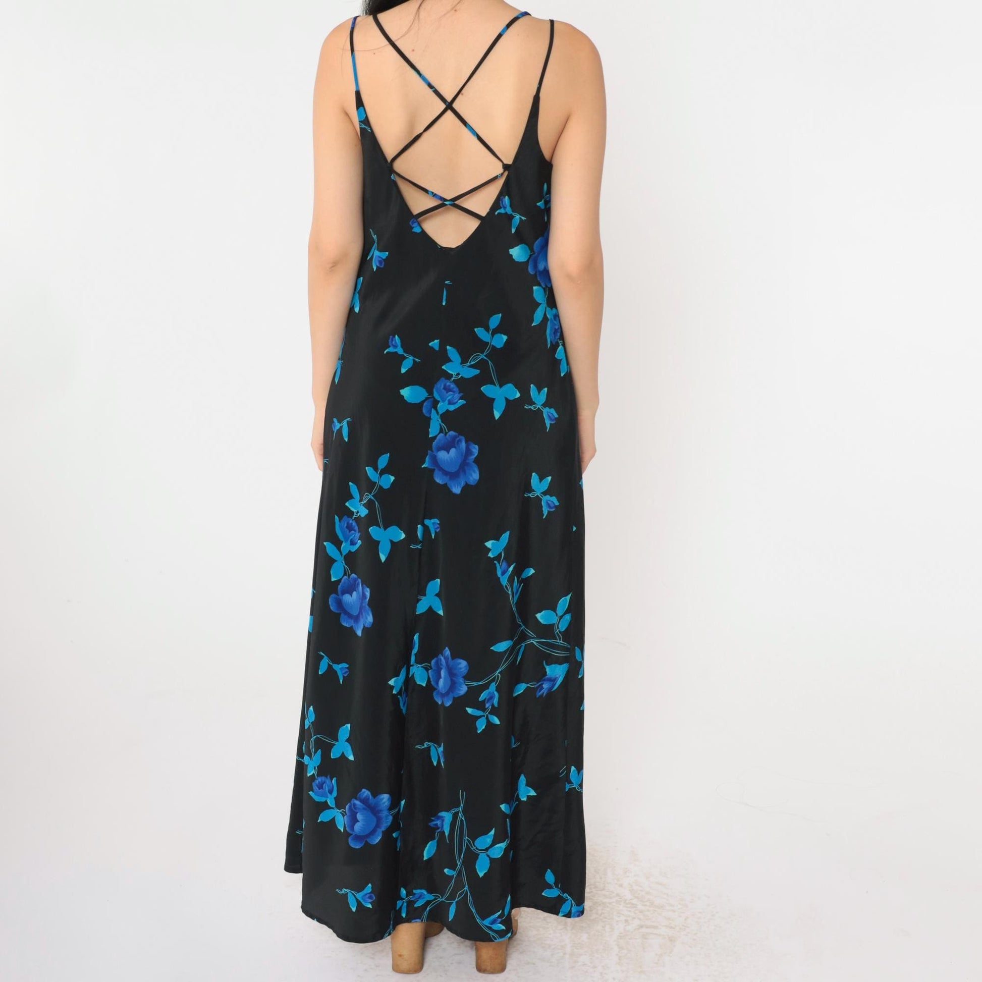 90s Jodi Michaels Floral Maxi Dress Black Spaghetti Strap Criss-Cross Medium
