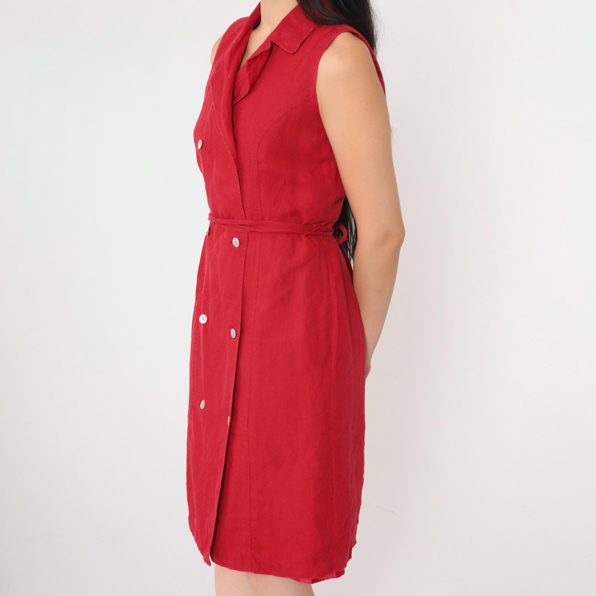 90s Talbots Red Linen Sleeveless Shift Dress Double Breasted Small