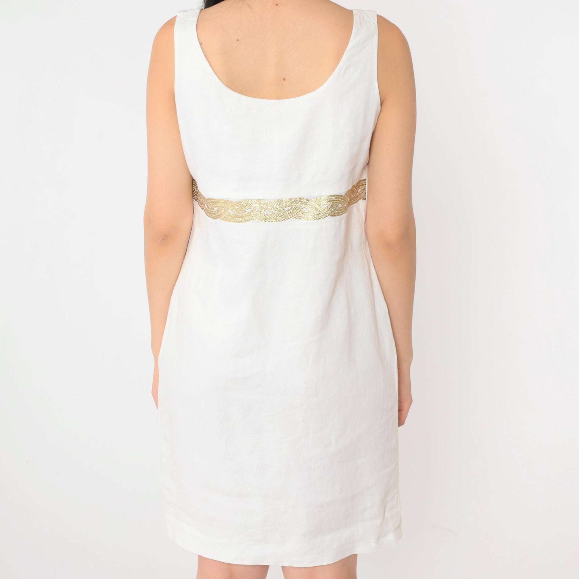90s White Linen Mini Dress Gold Braided Trim Sleeveless Shift Small 4