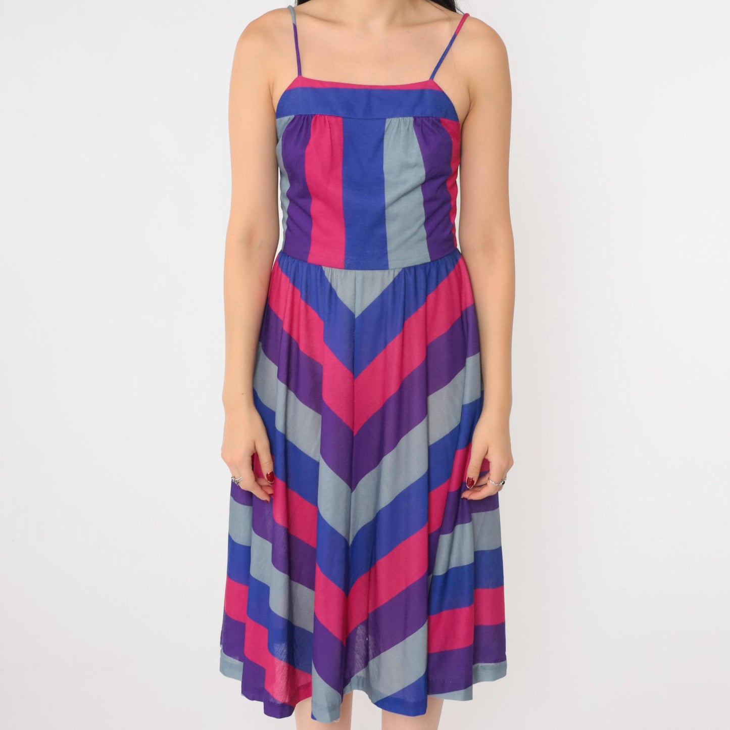 80s Chevron Striped Midi Sundress Open Back Spaghetti Strap Blue Pink Purple Small