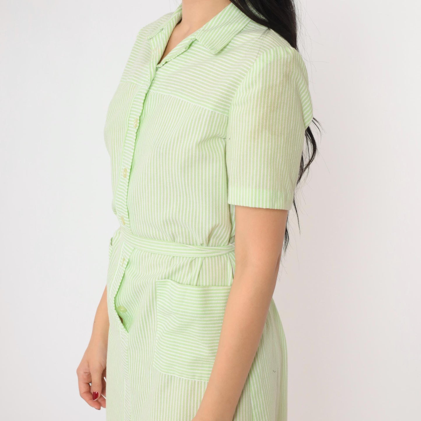 60s Nancy Frock Pastel Green Striped Button-Up Shift Dress Knee-Length Small