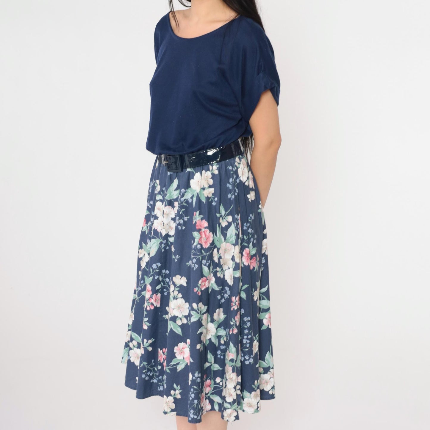 80s Navy Floral Midi Dress High Waist Belted Blouson Short Sleeve Small Medium