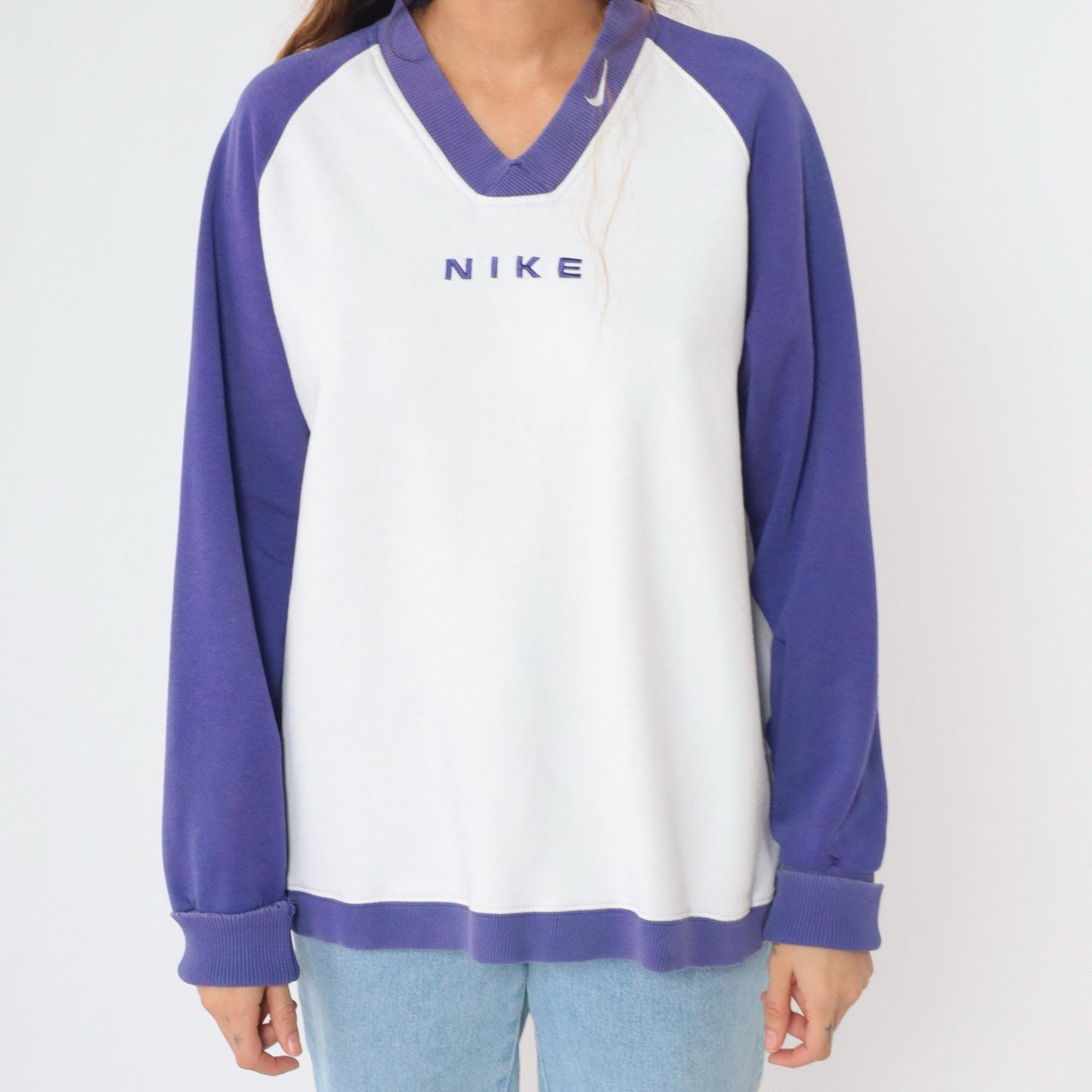 90s Nike V-Neck Sweatshirt Purple White Colour Block Raglan Large