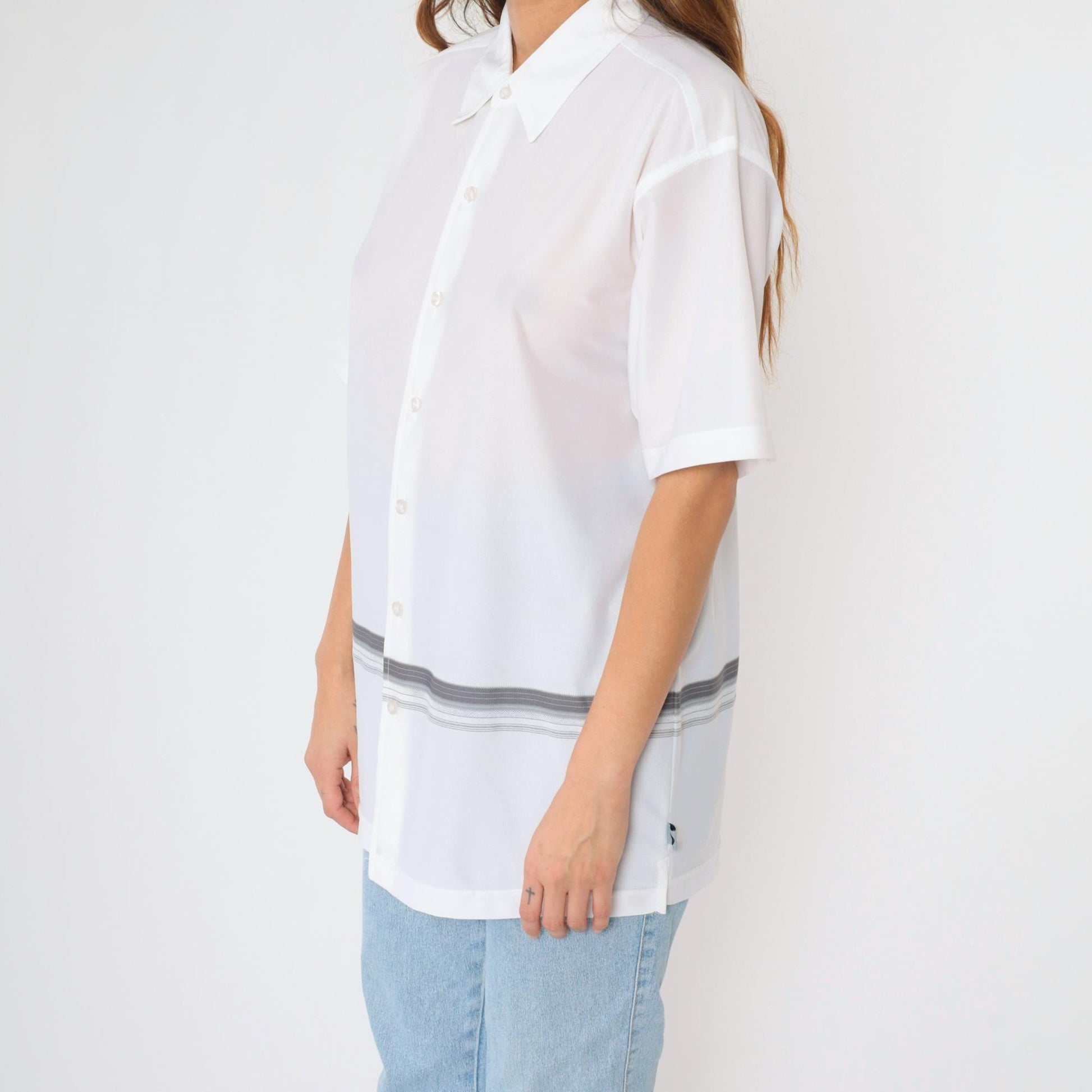 00s Striped Button-Up Shirt White Grey Y2K Short Sleeve Large L