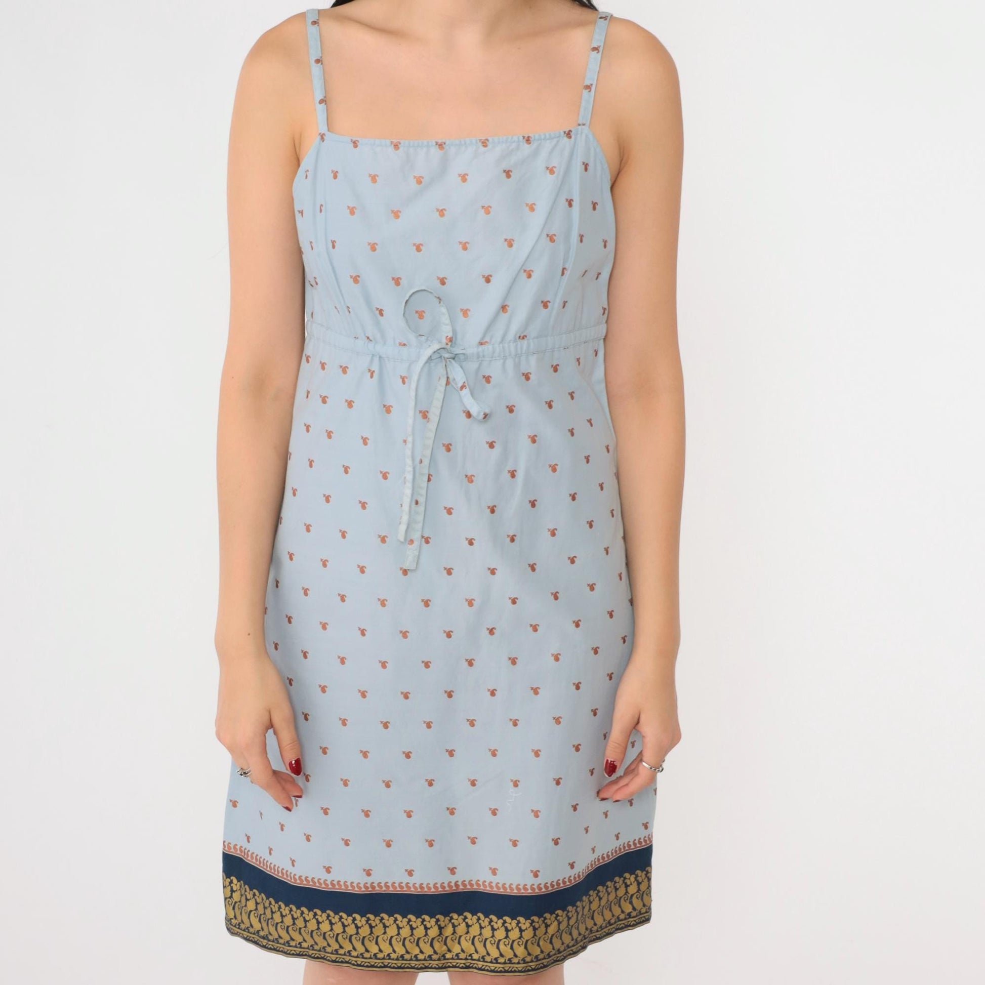 Y2K Metallic Paisley Sundress Light Blue Spaghetti Strap Mini Small