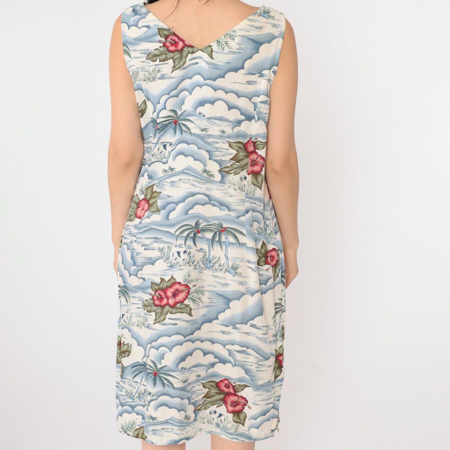 Big Dogs Tropical Floral Rayon Midi Dress V Neck Sleeveless Blue White Large