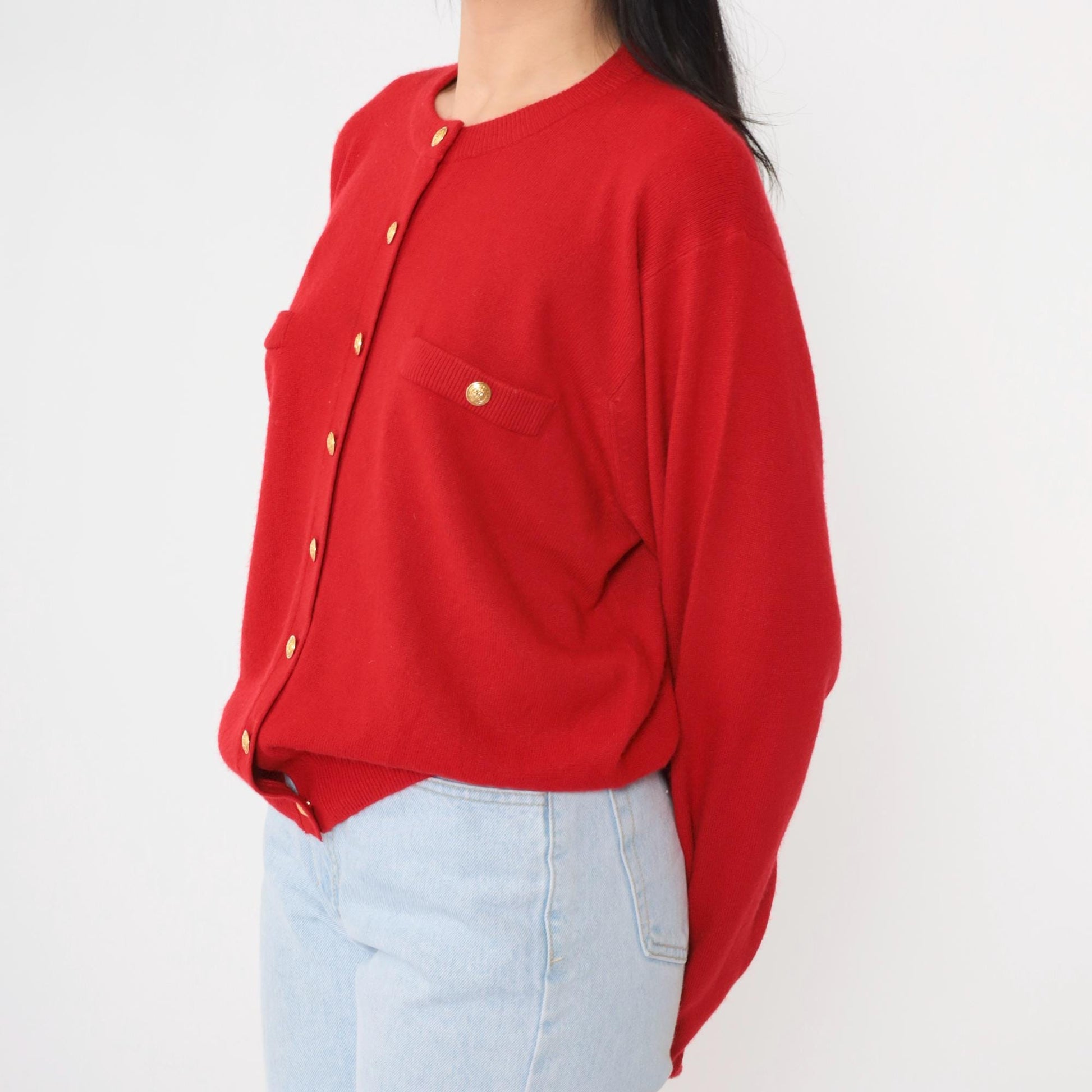 90s Red Cardigan Gold Buttons Acrylic Knit Sweater Large