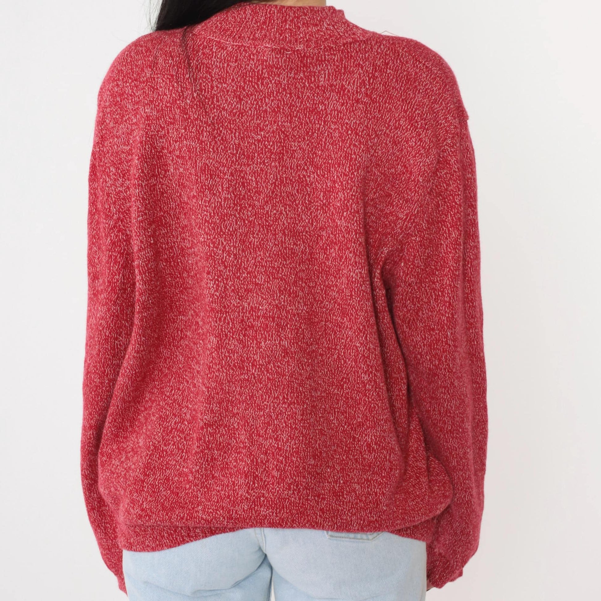 90s Red Beaded Snowflake Mock Neck Knit Sweater Pullover Large