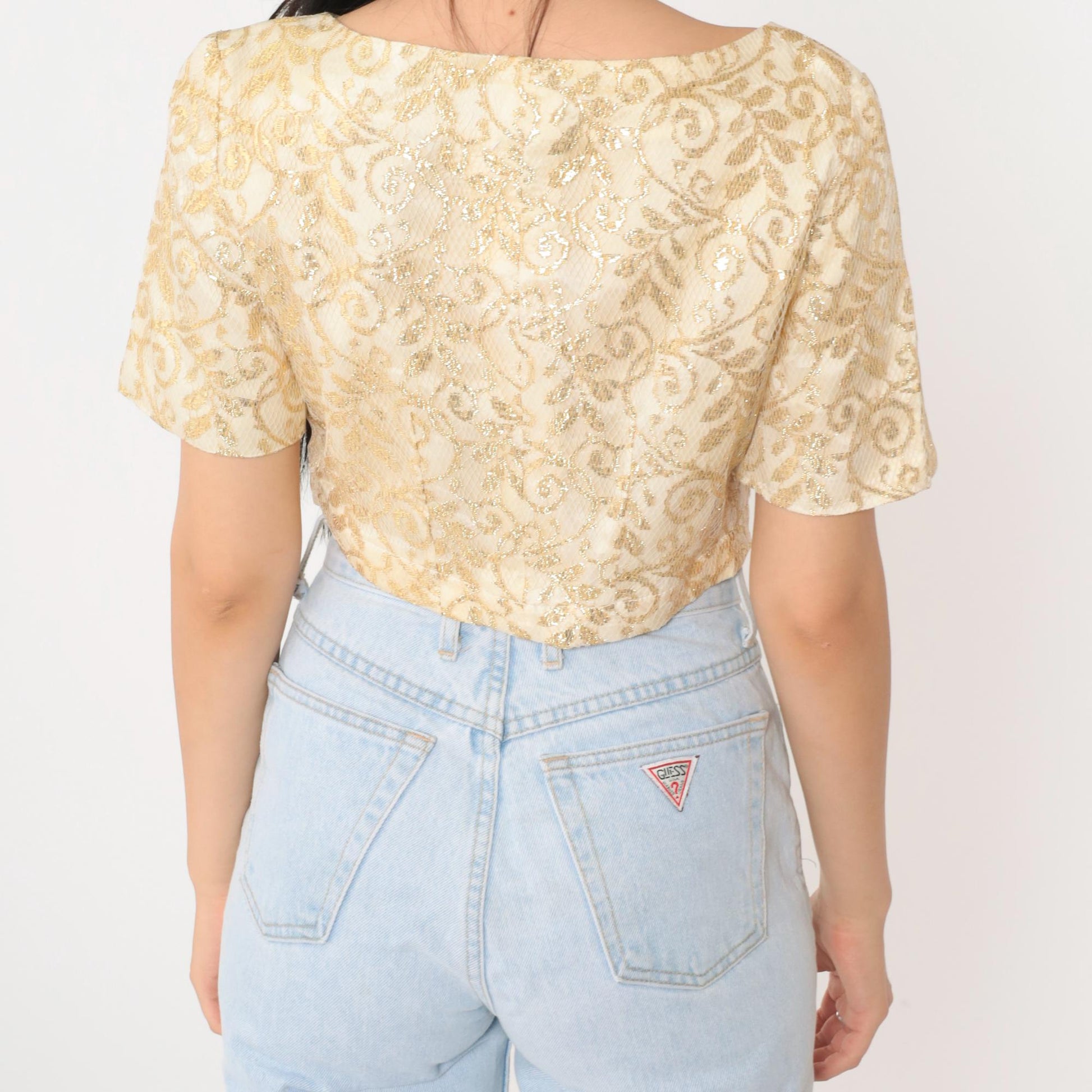 90s Cream Gold Metallic Lace Crop Top Button Up Blouse Small