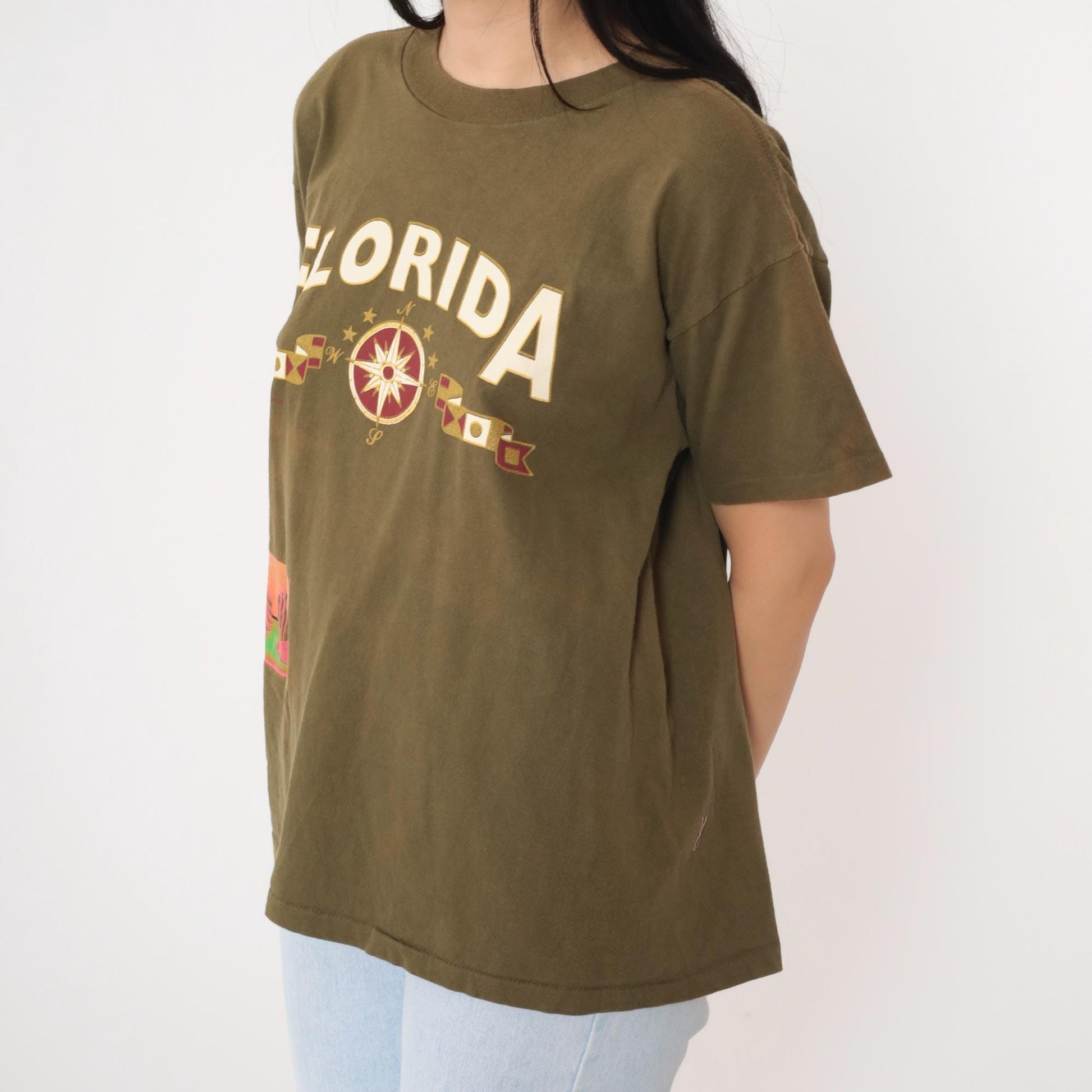 90s Florida Shell Compass Graphic T-Shirt Olive Green Tourist Tee Large L