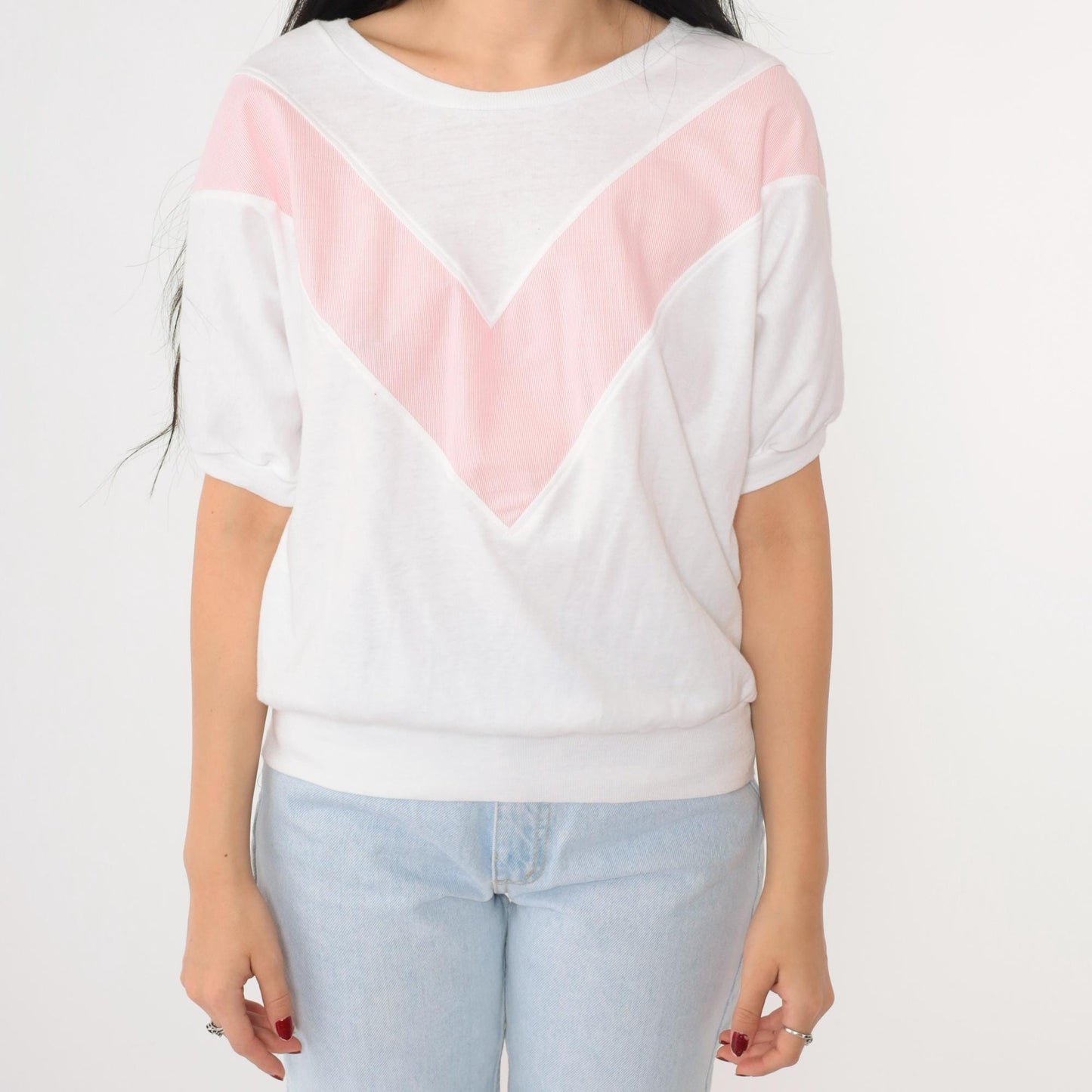 80s Land'n Sea Chevron Striped Dolman Sleeve Tee Pink White Small Medium