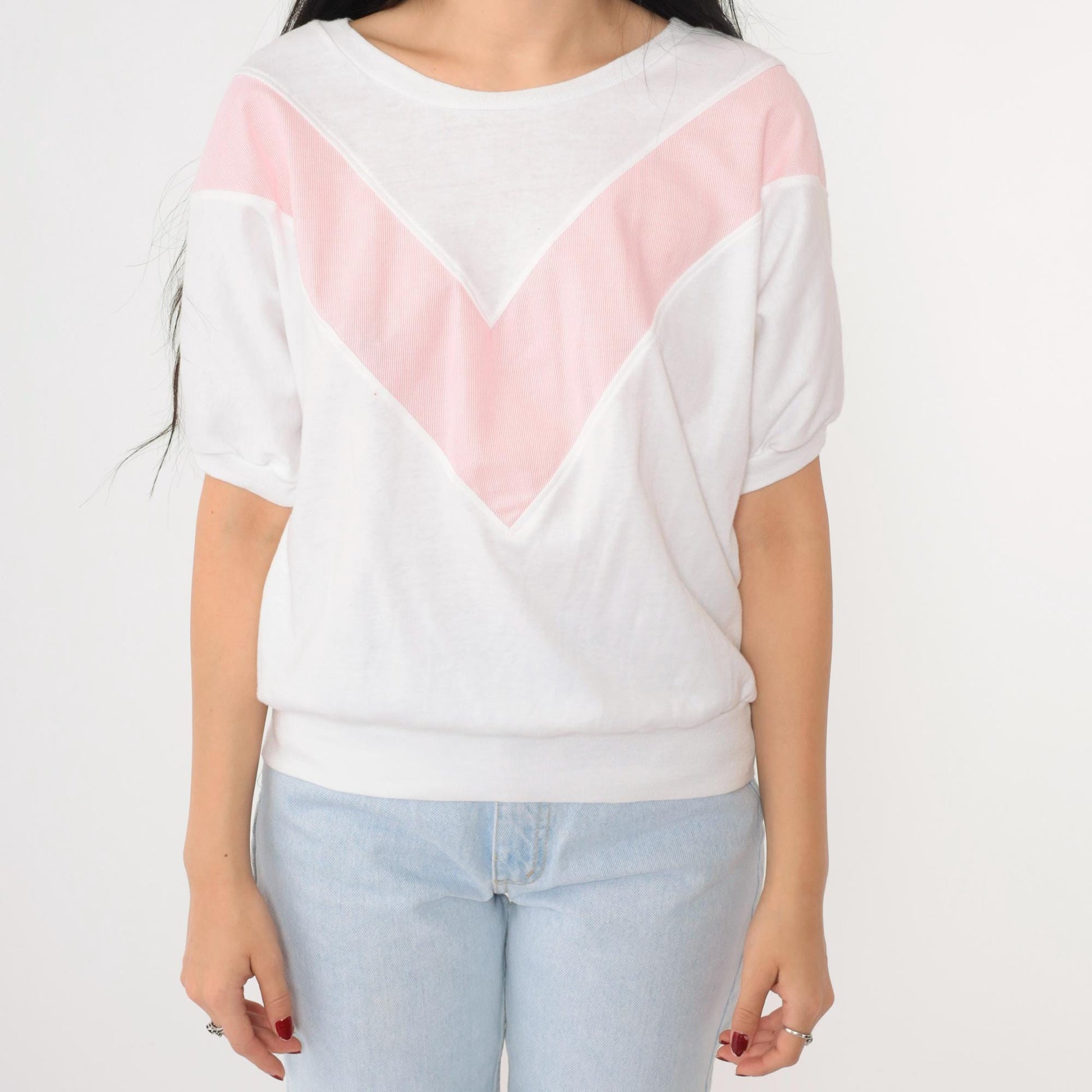 80s Land'n Sea Chevron Striped Dolman Sleeve Tee Pink White Small Medium