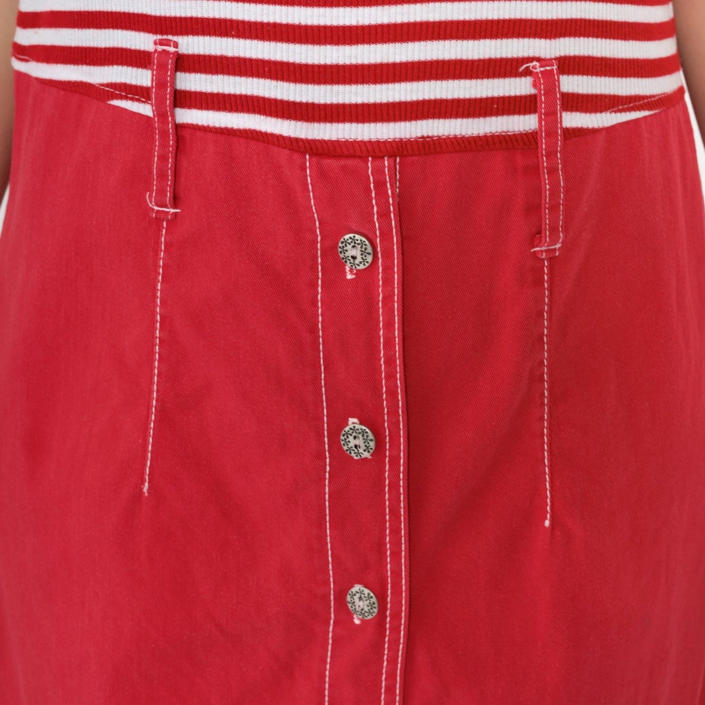 90s Red White Striped Button-Up Midi Dress High Waist Short Sleeve Medium