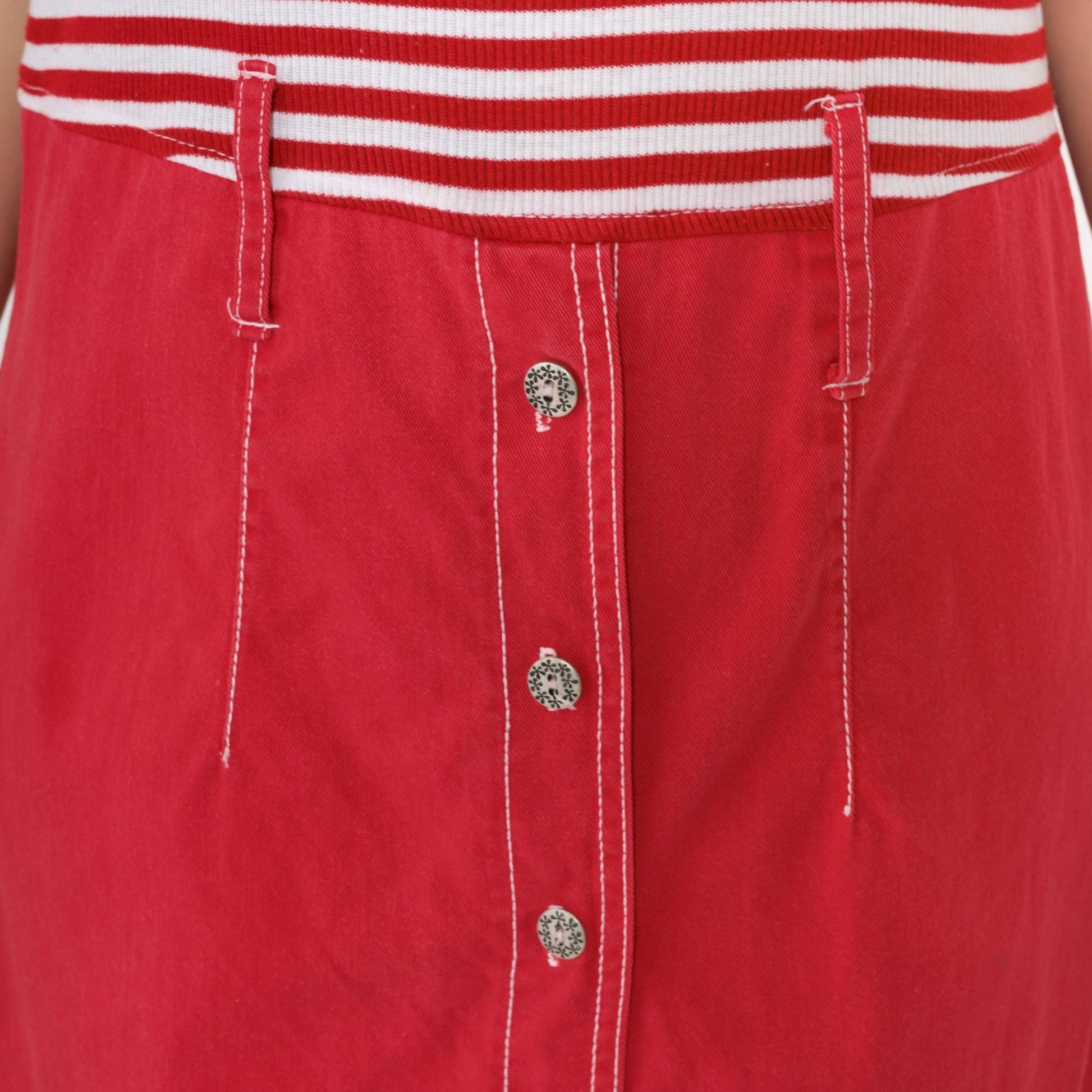 90s Red White Striped Button-Up Midi Dress High Waist Short Sleeve Medium