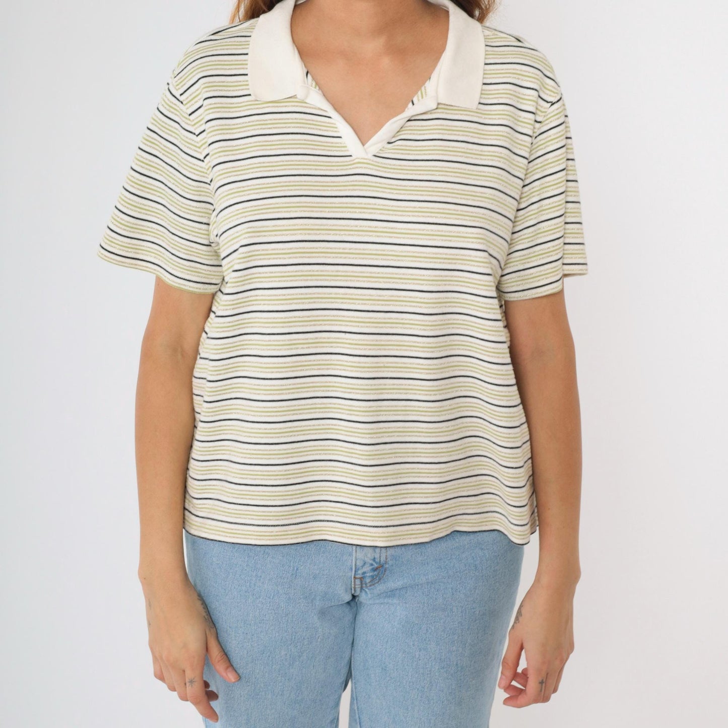 Y2K Metallic Striped Johnny Collar Shirt White Gold Green Plus Size XXL