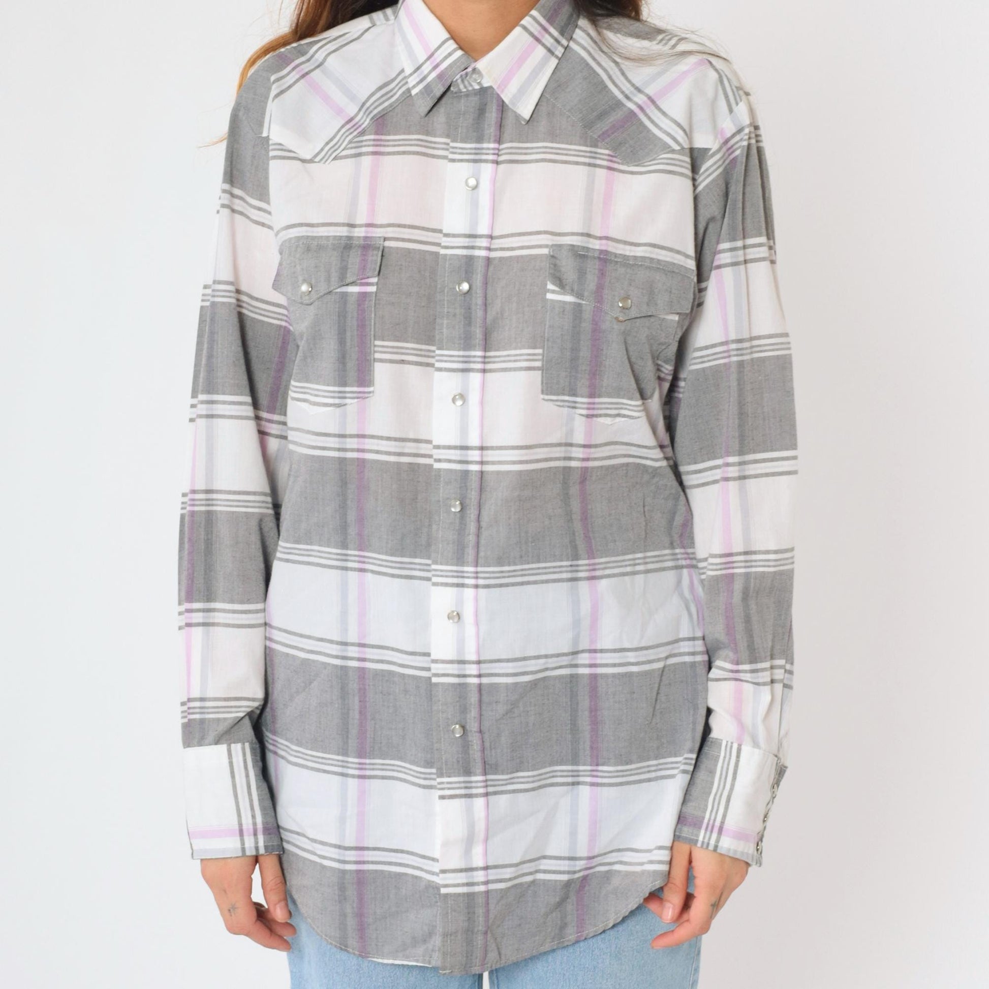 80s Gold Collection by Karman Western Shirt Pearl Snap Plaid Grey Large