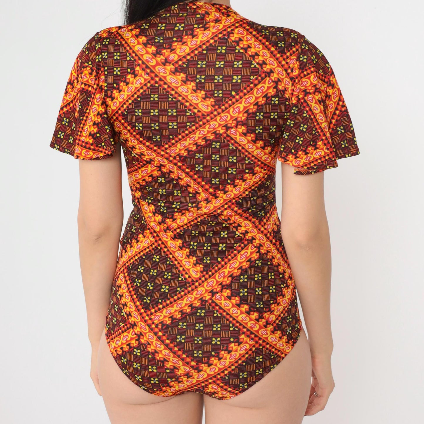 70s Danskin Floral Checkered Bodysuit Flutter Sleeve Square Neck Orange Small