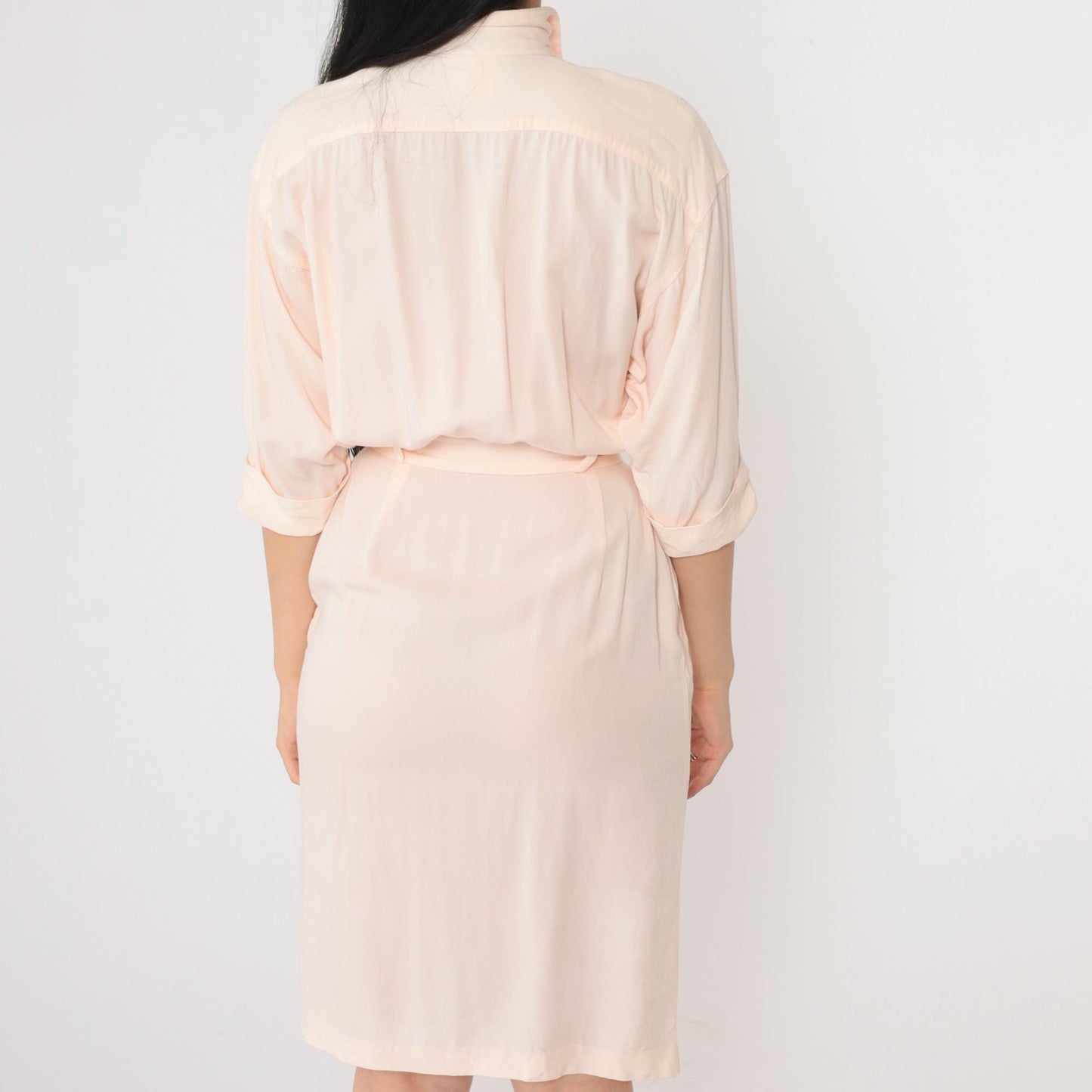 80s Peach Pink Button-Up Midi Dress Cuffed 3/4 Sleeve Pencil Cut XXS