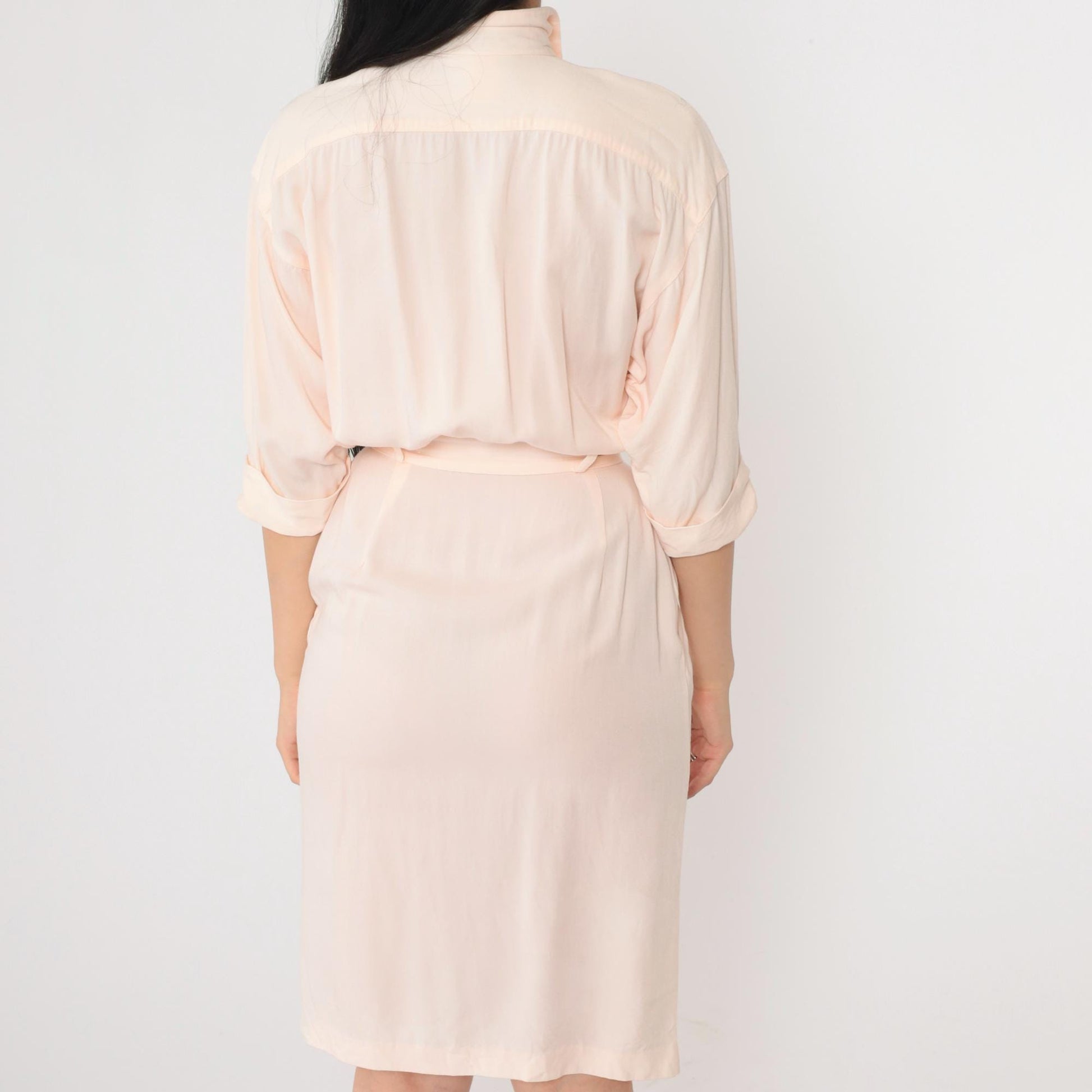 80s Peach Pink Button-Up Midi Dress Cuffed 3/4 Sleeve Pencil Cut XXS