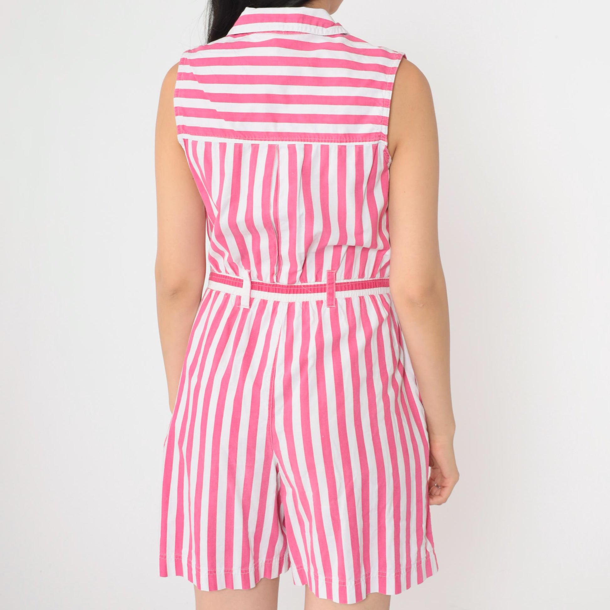 80s Striped Button-Up Romper White Pink High Waist Cotton Sleeveless Small